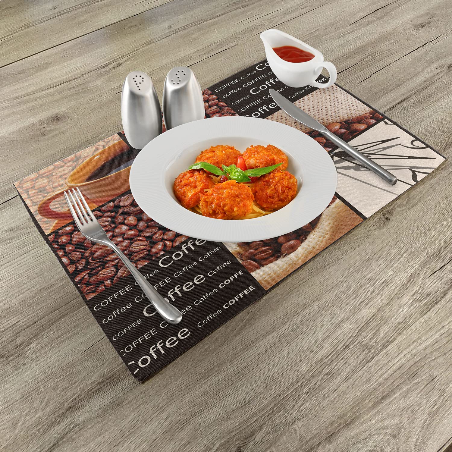 Ambesonne 4-Pack Square Coffee Place Mats Set - Orange Cup Hot Beverage Collage Design, Washable Fabric Dining Table Placemats, Standard Size (Dark Brown/Orange/Beige) - Perfect for Morning Coffee, Breakfast Nook, and Kitchen Decor