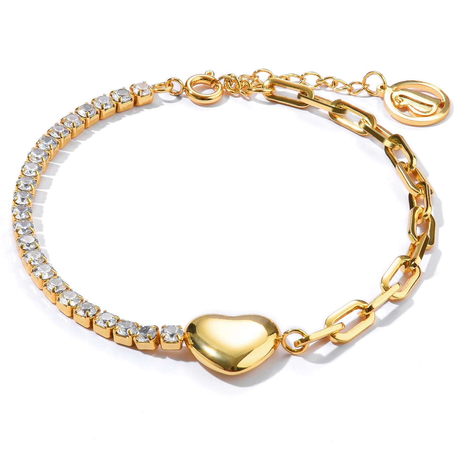 Aorawa 18k Gold Plated Cubic Zirconia Heart Charm Tennis Bracelet for Women - Dainty Chain Link Jewelry for Everyday Wear, Date Night & Gift Giving