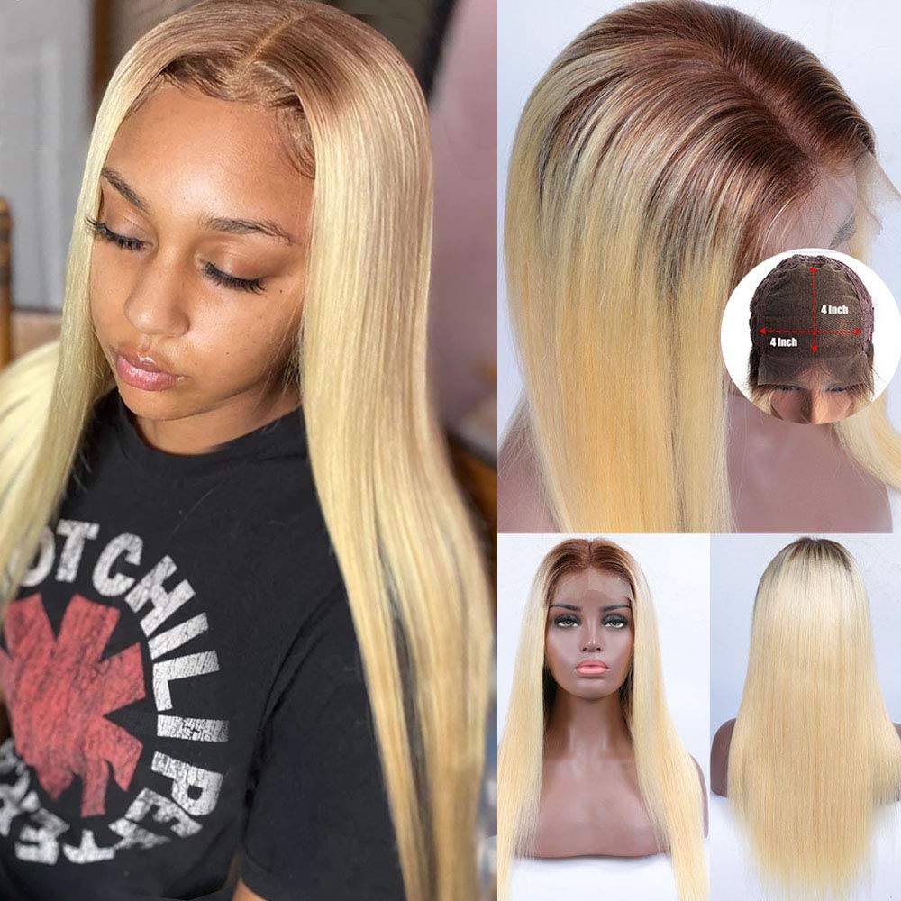 Smartinnov #4/613 Blonde to Dark Roots Ombre Human Hair Lace Front Wig - 12 Inch Straight Brazilian Virgin Hair with 4x4 Lace Closure, Pre-Plucked Hairline & 150% Density for Women | Perfect for Daily Wear, Cosplay & Special Occasions