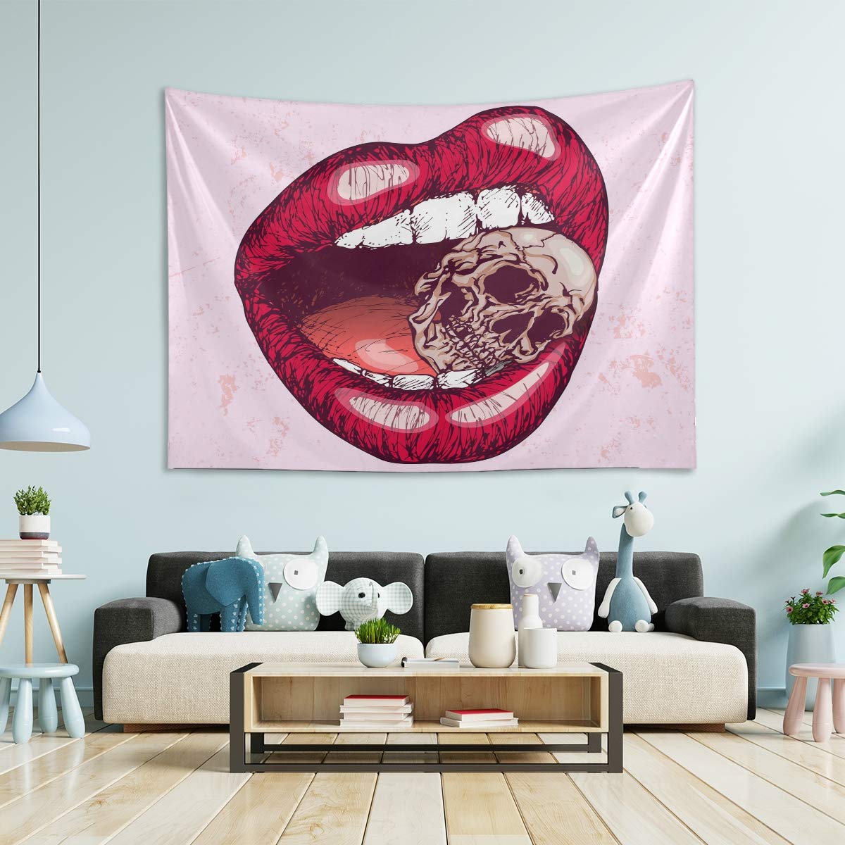 Red Lips Skull Teeth Tapestry Wall Hanging - 60x50 Inch Large Gothic Decor for Bedroom, Living Room & Dorm | Unique Boho Wall Art for Home Decor, Party Backdrop & Photo Booth Background