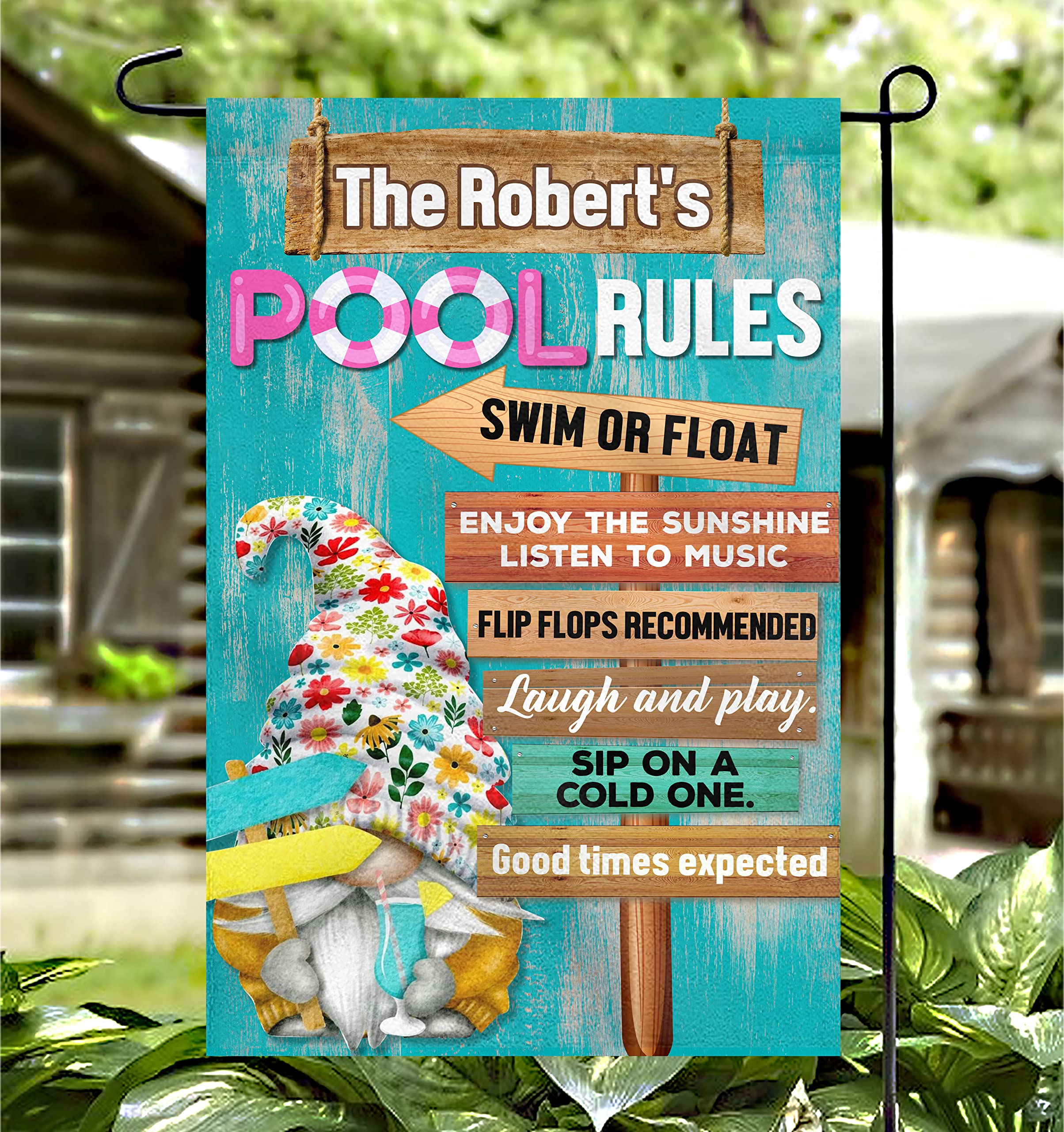 Personalized Summer Pool Rules Garden Flag - Double Sided 12x18 Inch Swimming Pool Banner with Beachy Design, Perfect for Beach House Decor, Backyard Parties & Outdoor Poolside Decoration | Durable Vertical Yard Flag with Fun Pool Gnome Signs
