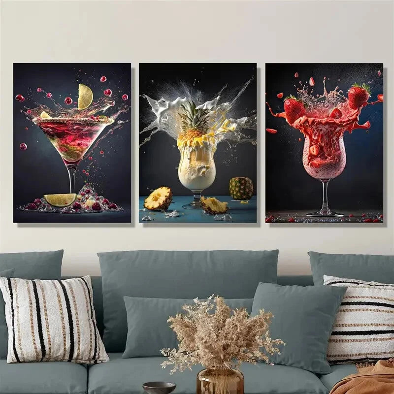 3-Piece Abstract Lemon Pineapple Strawberry Splash Metal Wall Art - Ready to Hang Modern Kitchen Decor for Home, Office & Cafe