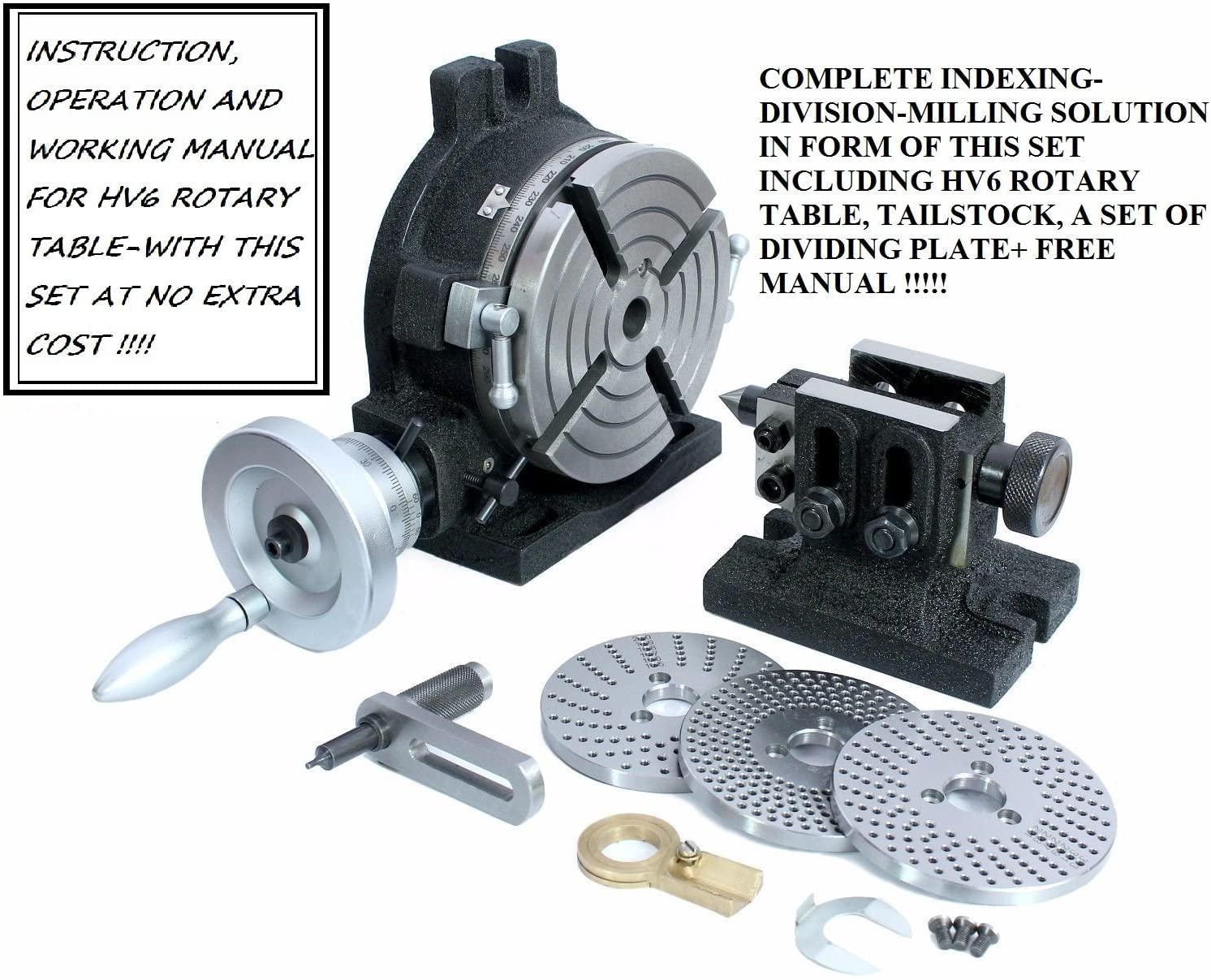 HV6 Rotary Table with Steel Dividing Plates & Tailstock - Complete Milling Indexing Kit for Precision Metalworking | Ideal for CNC Machining, DIY Projects & Workshop Use