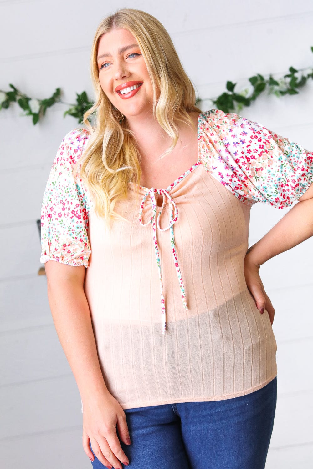 Peach & Floral Tie Neck Bubble Sleeve Blouse - Elegant Women's Fashion Top for Spring Summer Outfits, Date Night & Office Wear