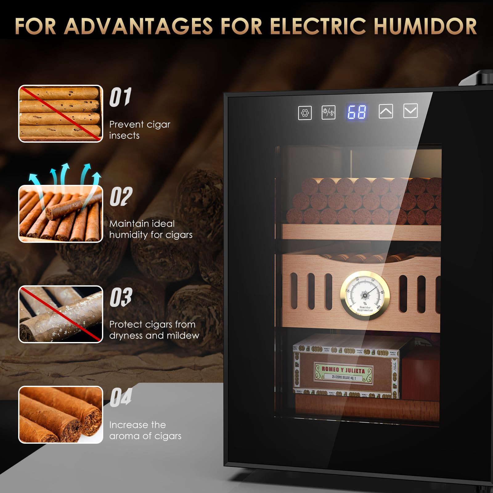 Premium Electric Storage Cabinet with Spanish Cedar Drawers & Trays - Digital LED Humidity & Temperature Monitor - Ideal for Cigars, Wine, and Collectibles (100 Counts) - Perfect Gift for Men & Home Storage Solution