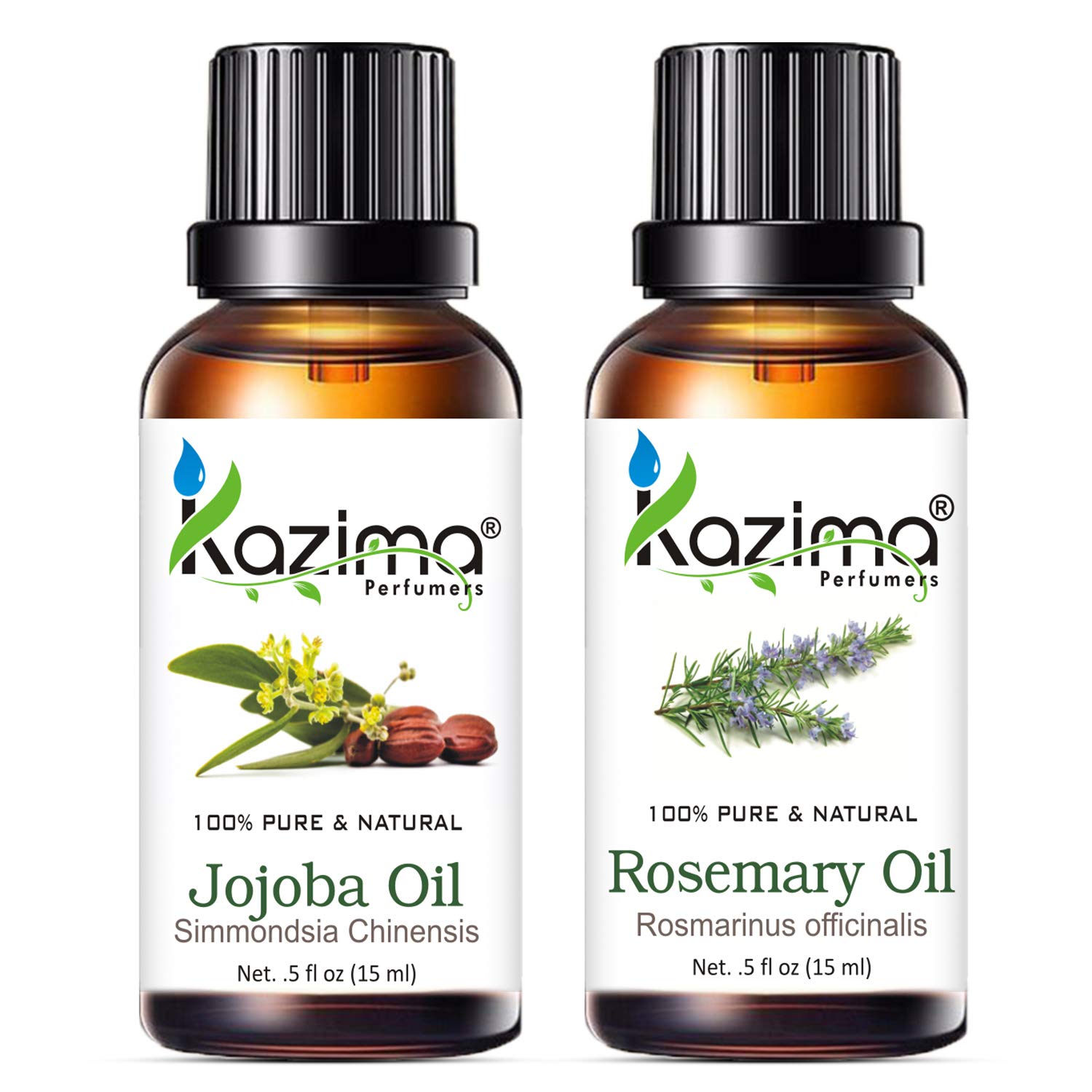 KAZIMA Jojoba Carrier Oil & Rosemary Essential Oil Set - 100% Pure Undiluted for Skin Care, Hair Growth & Pain Relief (15ml Each) | Natural Moisturizer for Acne, Wrinkles & Dry Skin | Aromatherapy & Massage Oil for Muscles & Joints