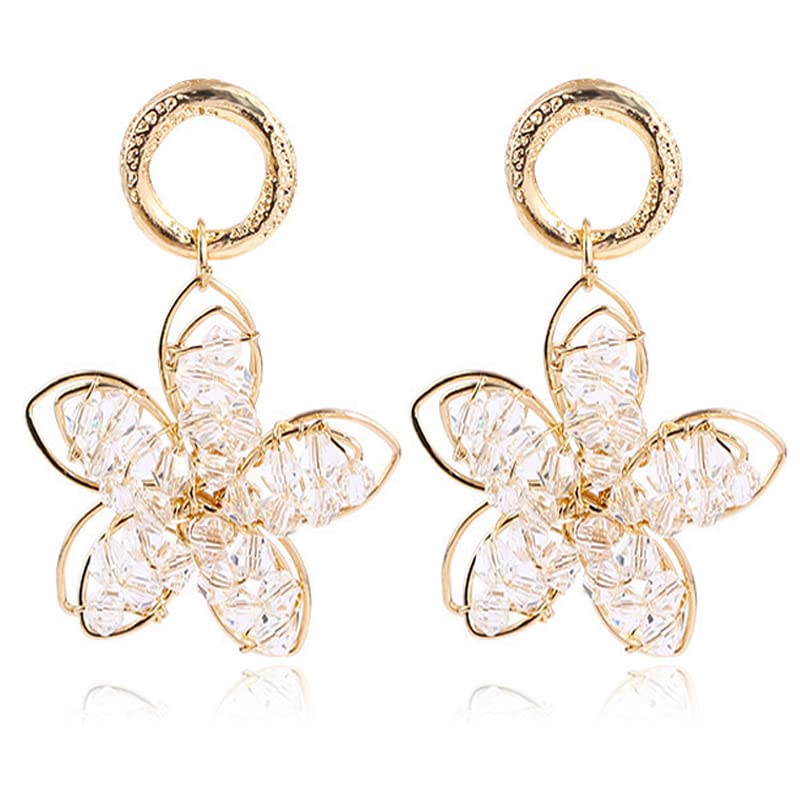 Boho Handmade White Hollow Crystal Double Layer Flower Stud Earrings for Women – Sparkly Summer Beach Vacation Jewelry, Perfect for Weddings, Parties & Casual Outfits