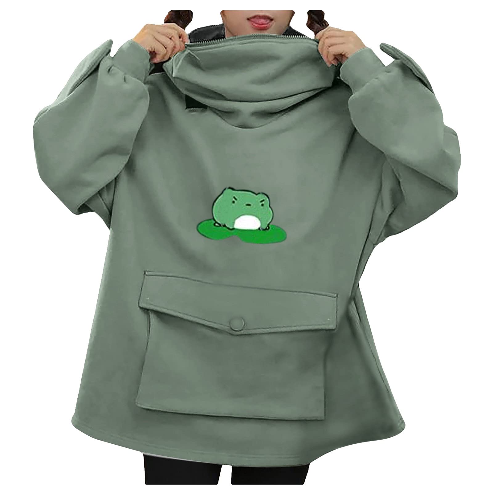 Cute Kawaii Frog Hoodie for Women & Teens - Funny Drinking Frog Zipper Mouth Pullover Sweatshirt with Pocket | Casual Streetwear, Anime Cosplay, Gift for Girls