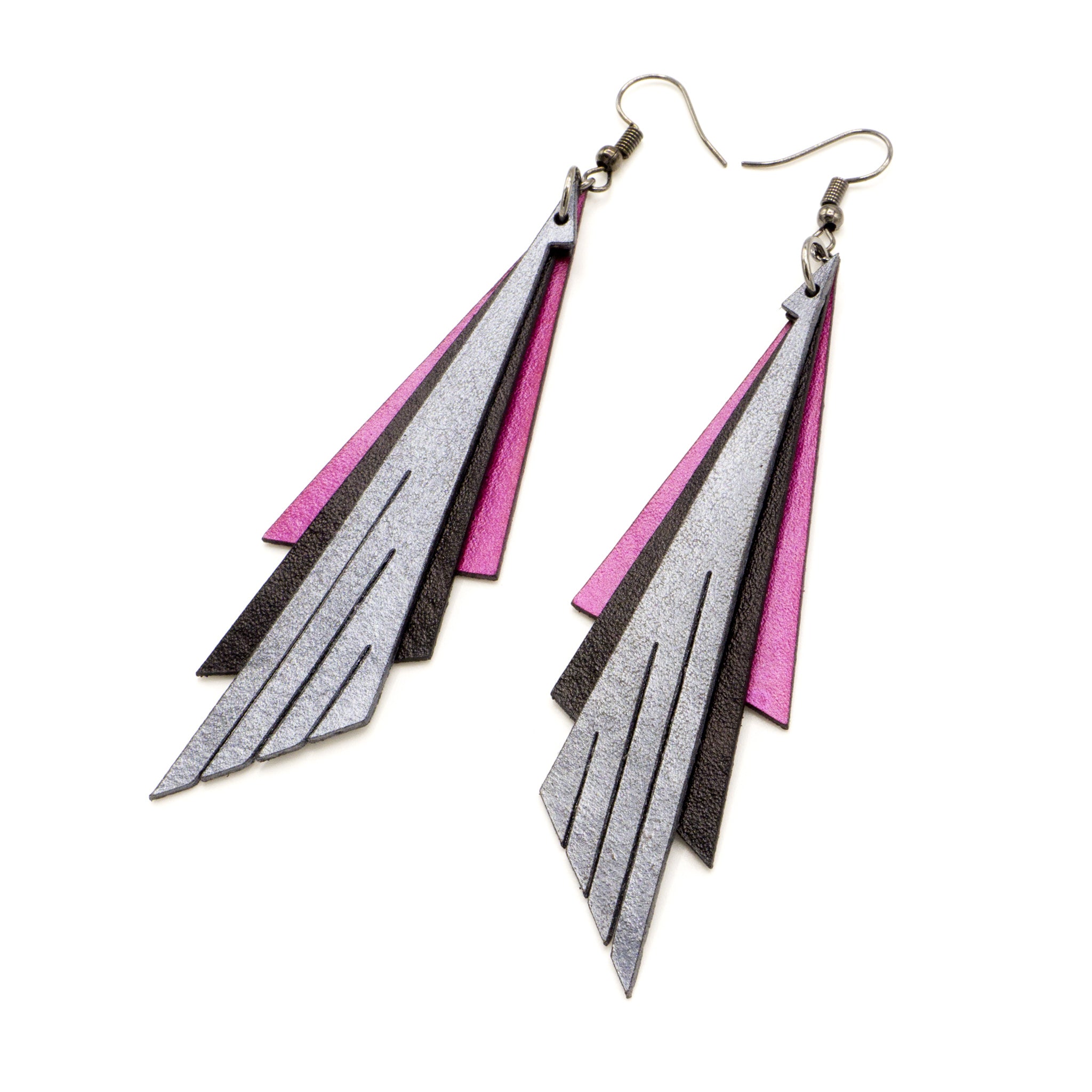 Aktivei Handmade Leather Earrings for Women - Fuchsia Pearl, Black & Silver Dangle Earrings | Boho Chic Jewelry for Casual Wear, Parties & Special Occasions