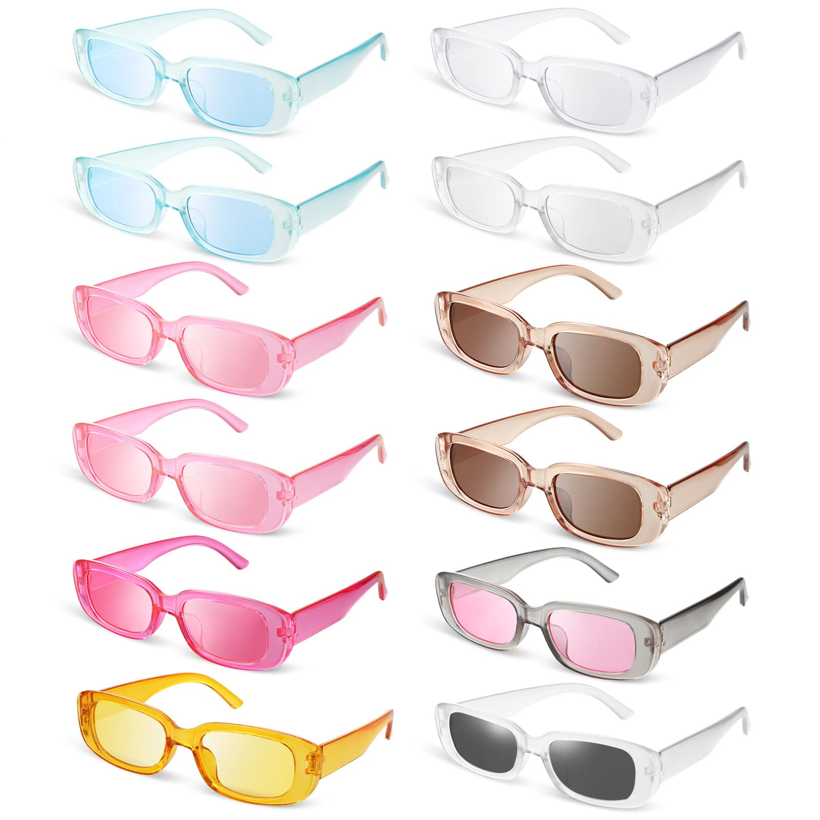 12 Pairs Rectangle Sunglasses for Women & Men - Retro Vintage Square Narrow Sunglasses - UV Protection Fashion Shades for Driving, Beach & Outdoor Activities