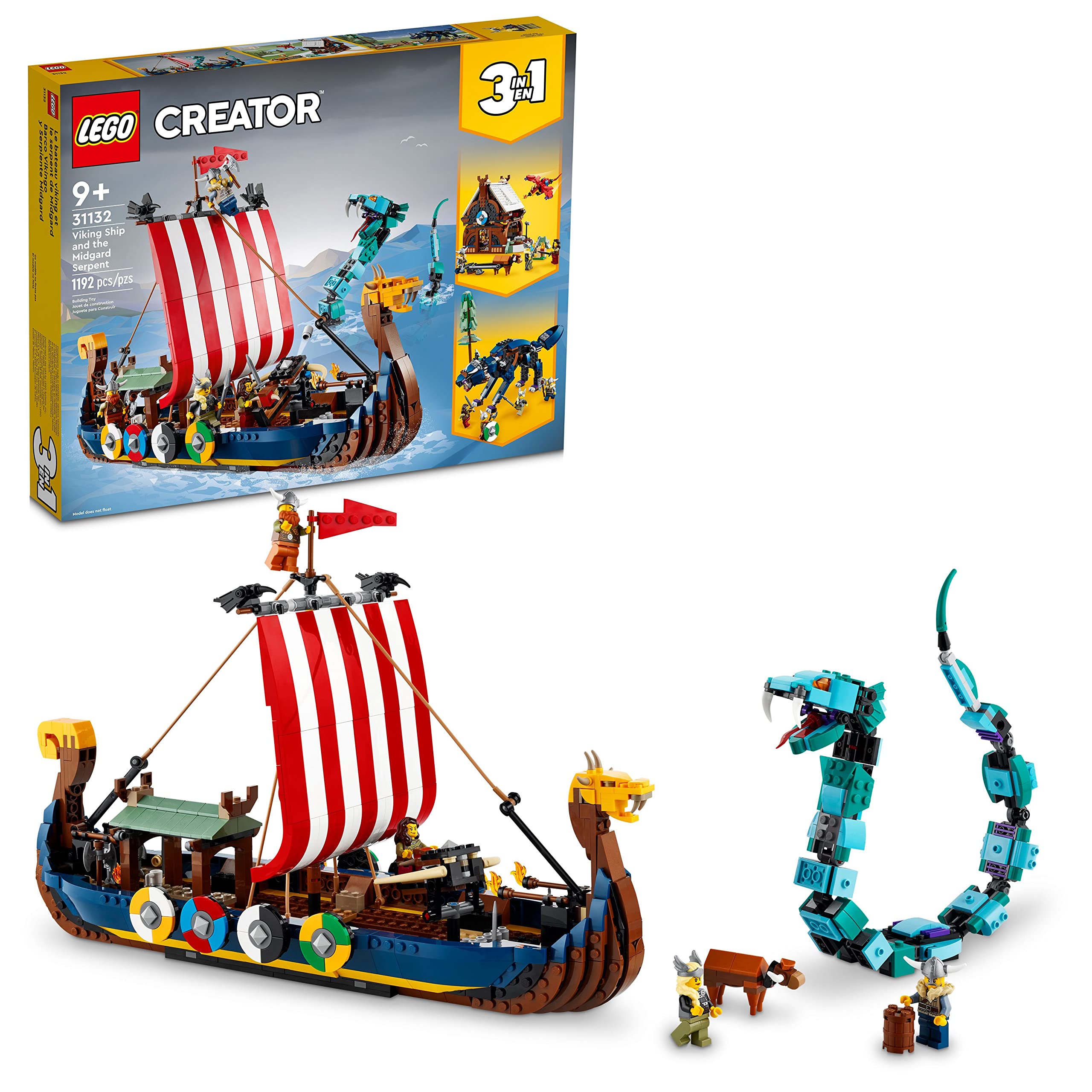 LEGO Creator 3-in-1 Viking Ship & Midgard Serpent Building Set - Convertible to Viking House or Fenris Wolf - Creative Construction Toy for Kids Ages 9+ - Perfect Gift for Boys & Girls - Fun Norse Mythology Adventure Play