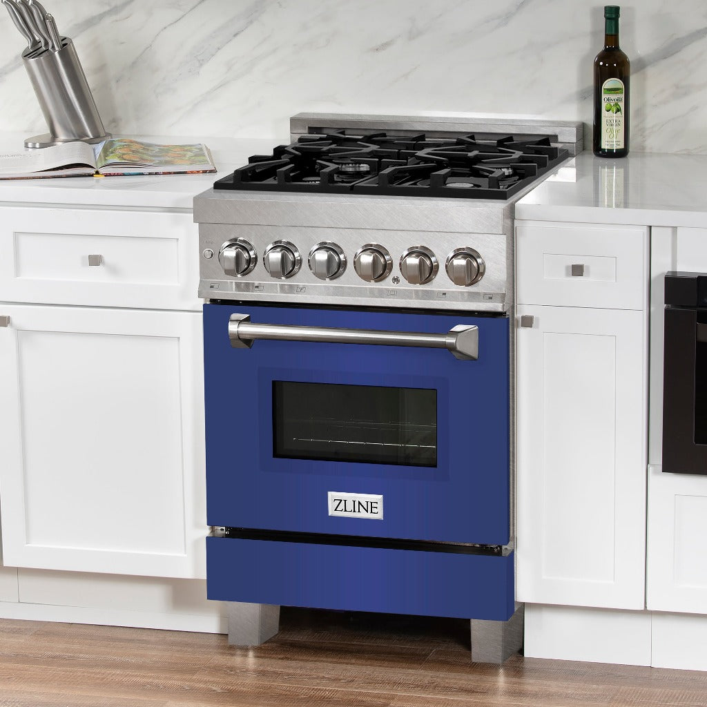 ZLINE 24 Inch 2.8 Cu. Ft. Dual Fuel Range - 4 Burner Gas Cooktop & Electric Convection Oven - Satin Stainless Steel with Blue Matte Door (RAS BM 24) - Perfect for Modern Kitchens & Professional Style Cooking