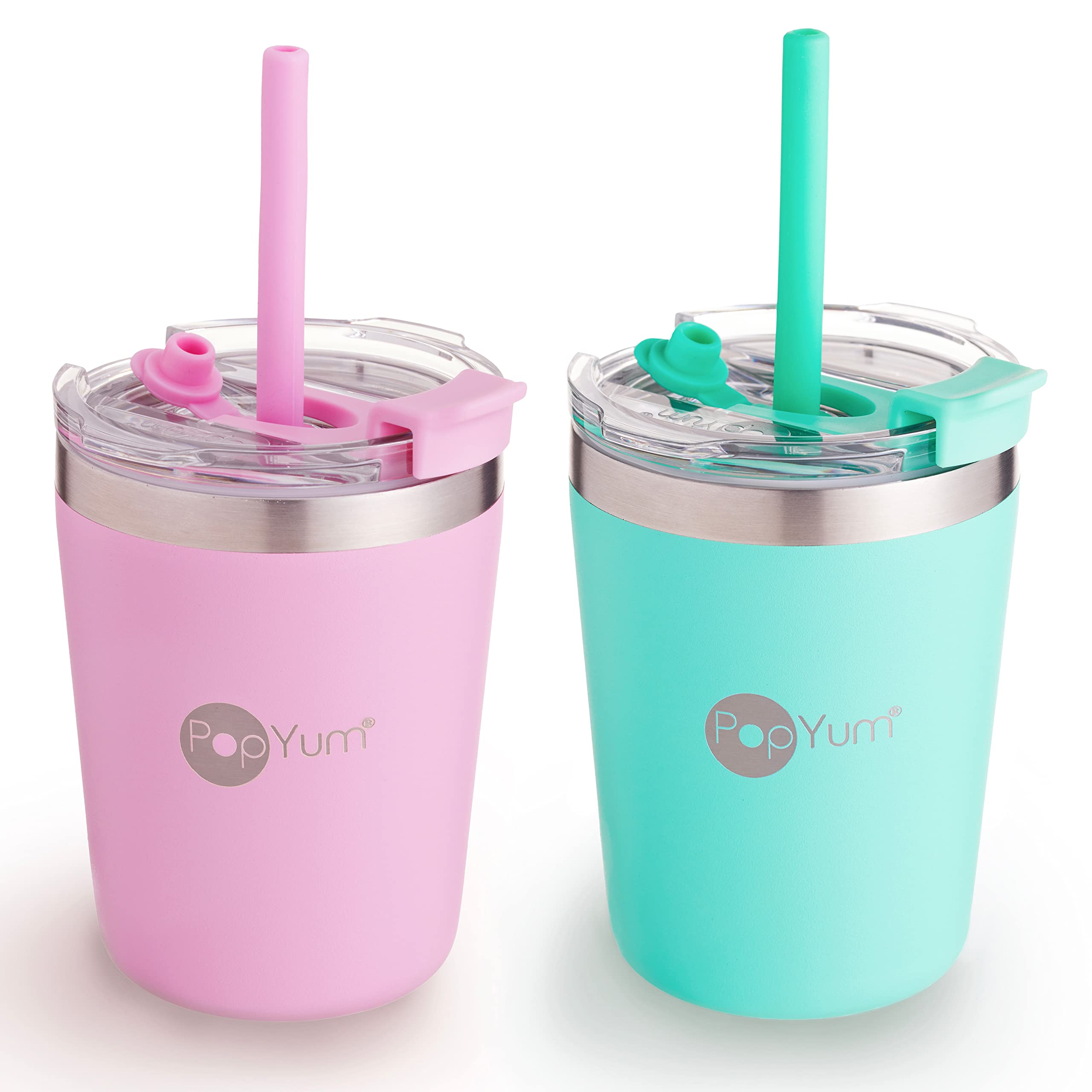 PopYum 9oz Insulated Stainless Steel Kids Cups with Lid & Straw - 2 Pack (Green & Pink) | Stackable, Leak Proof, Double Wall Vacuum Insulated Sippy Cup for Babies, Toddlers & Children | Perfect for Daycare, Travel, School & Home Use