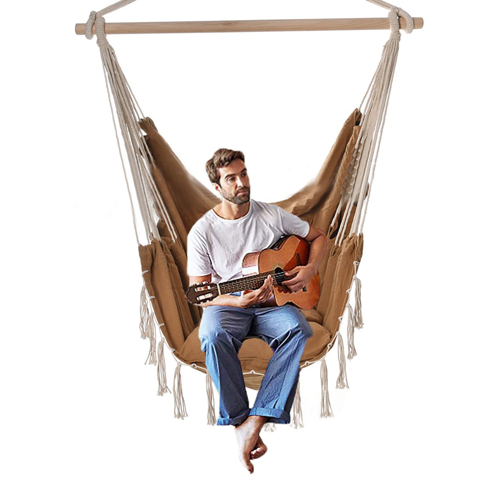 Premium Cotton Hammock Chair Swing with 2 Seat Cushions - Indoor/Outdoor Hanging Rope Chair for Garden, Patio, Porch & Balcony - Perfect for Relaxation, Reading & Lounging (Coffee Brown)