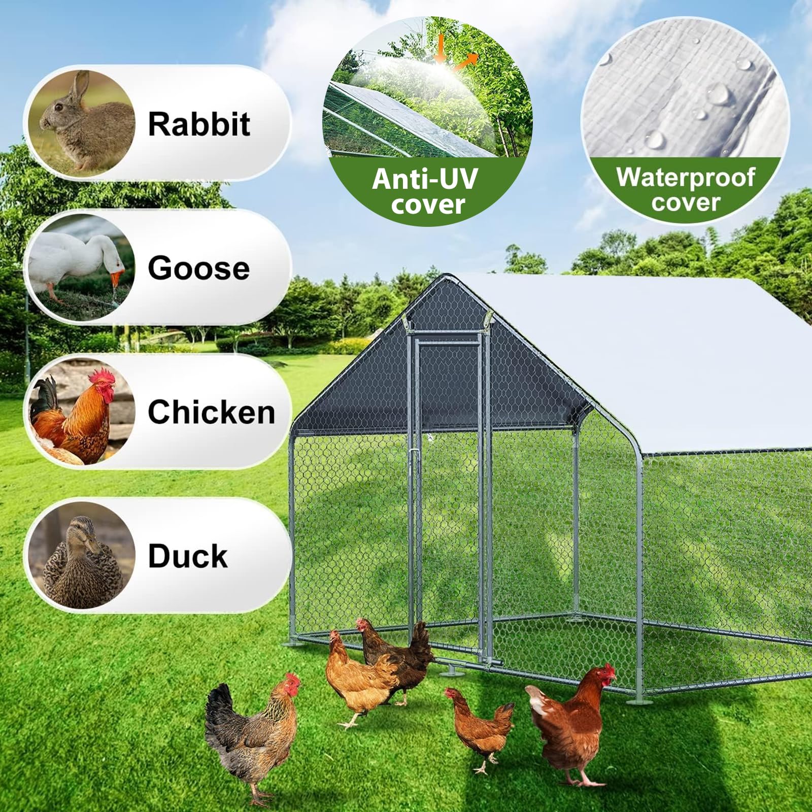 Large Metal Chicken Coop with Waterproof UV-Resistant Cover - 9.8'x6.6'x6.4' Outdoor Poultry Pen for Chickens, Ducks & Rabbits - Durable Backyard Farm Animal Shelter for Free Range & Protection