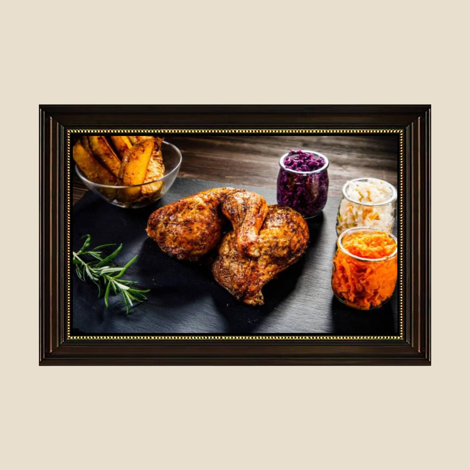 Roast Chicken Leg Vegetables Canvas Wall Art Print - 24x36 Inch Retro Framed Painting Poster - Ready to Hang Home Decor for Living Room, Bedroom, Kitchen & Dining Area - Perfect for Farmhouse & Vintage Style Interior Design