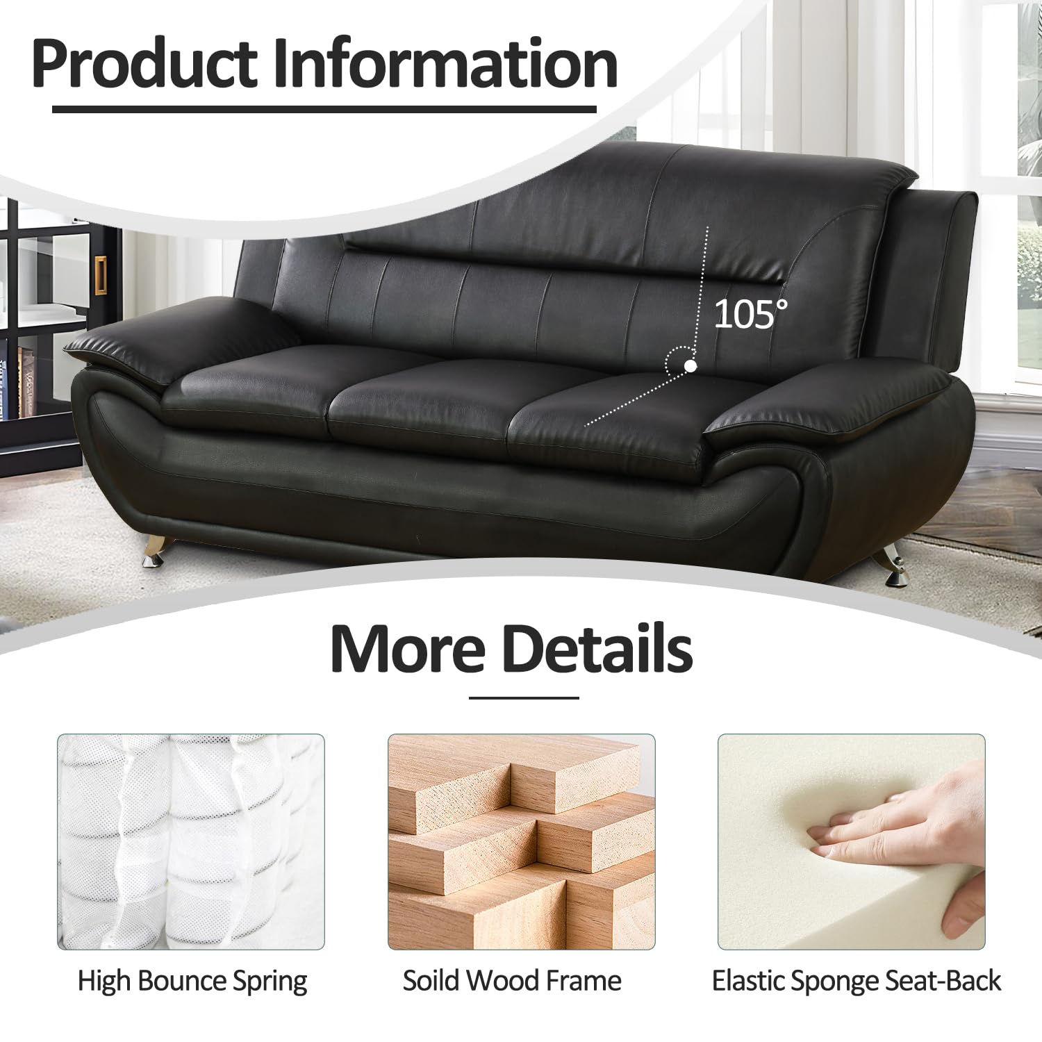 Premium Faux Leather Sofa and Loveseat Set - 2-Piece Modern Living Room Furniture for Home, Apartment & Office - Black Couches with Comfortable Seating - Perfect for Small Spaces, Lounging & Entertaining Guests