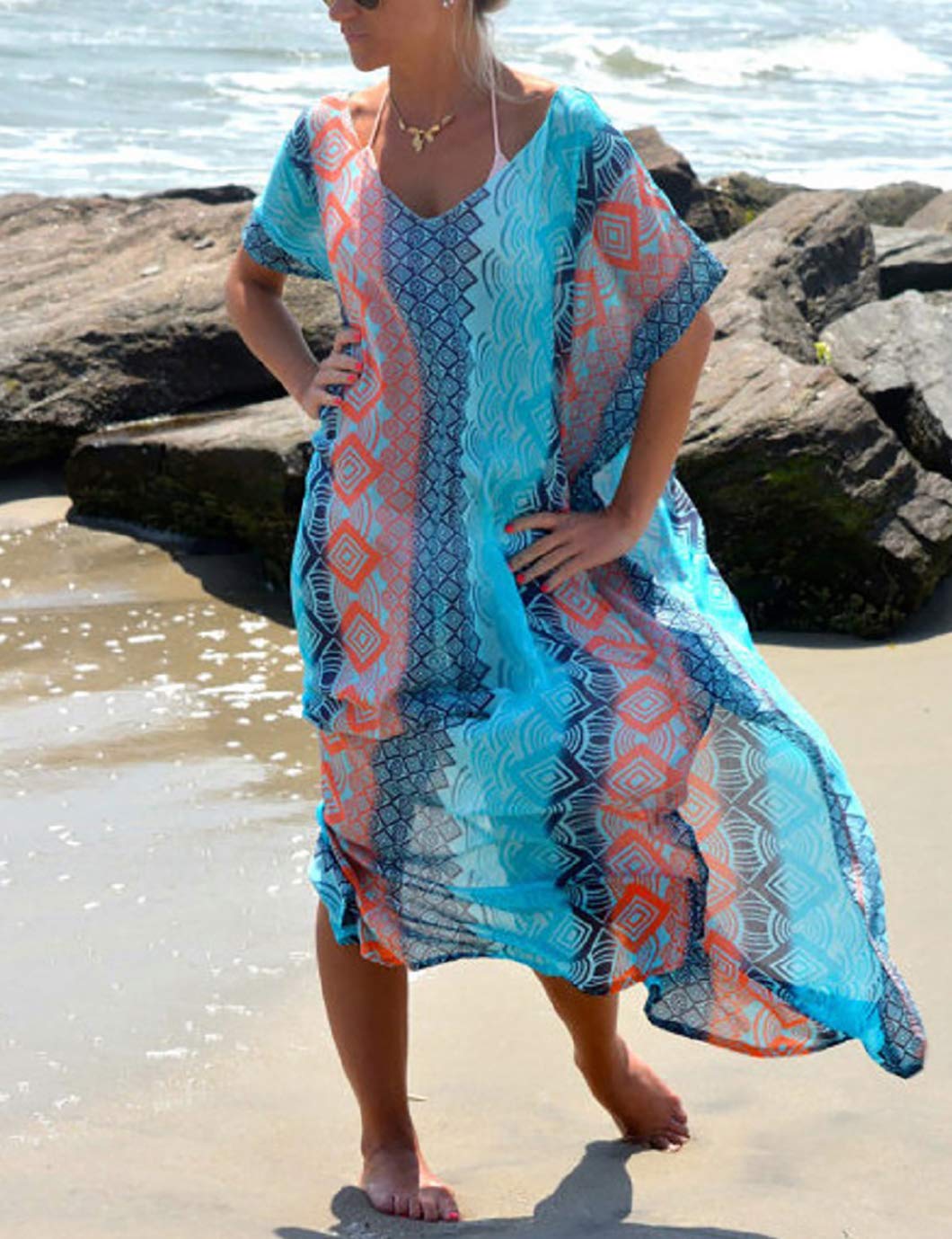 Eddoyee Women's Chiffon Loose Kaftan Dress - Beach Cover Up, Swimsuit Cover, Summer Boho Maxi Dress for Pool Party, Vacation & Resort Wear