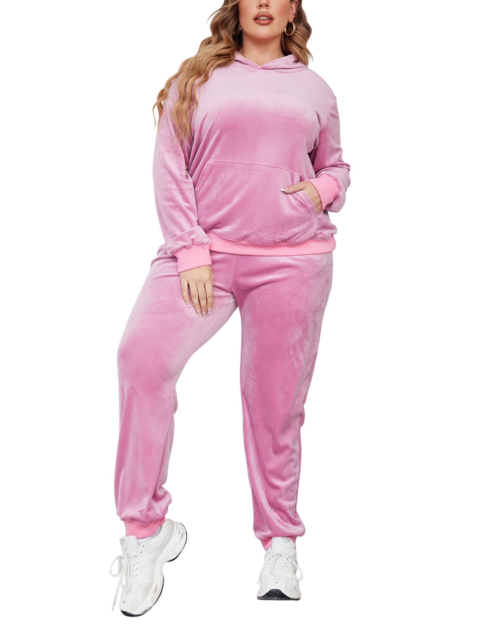 IN'VOLAND Plus Size Women's 2-Piece Velour Tracksuit Set - Soft Pullover Hoodie & Comfortable Sweatpants with Pockets | Lounge Wear, Casual Outfits, Gym Clothes & Home Relaxation