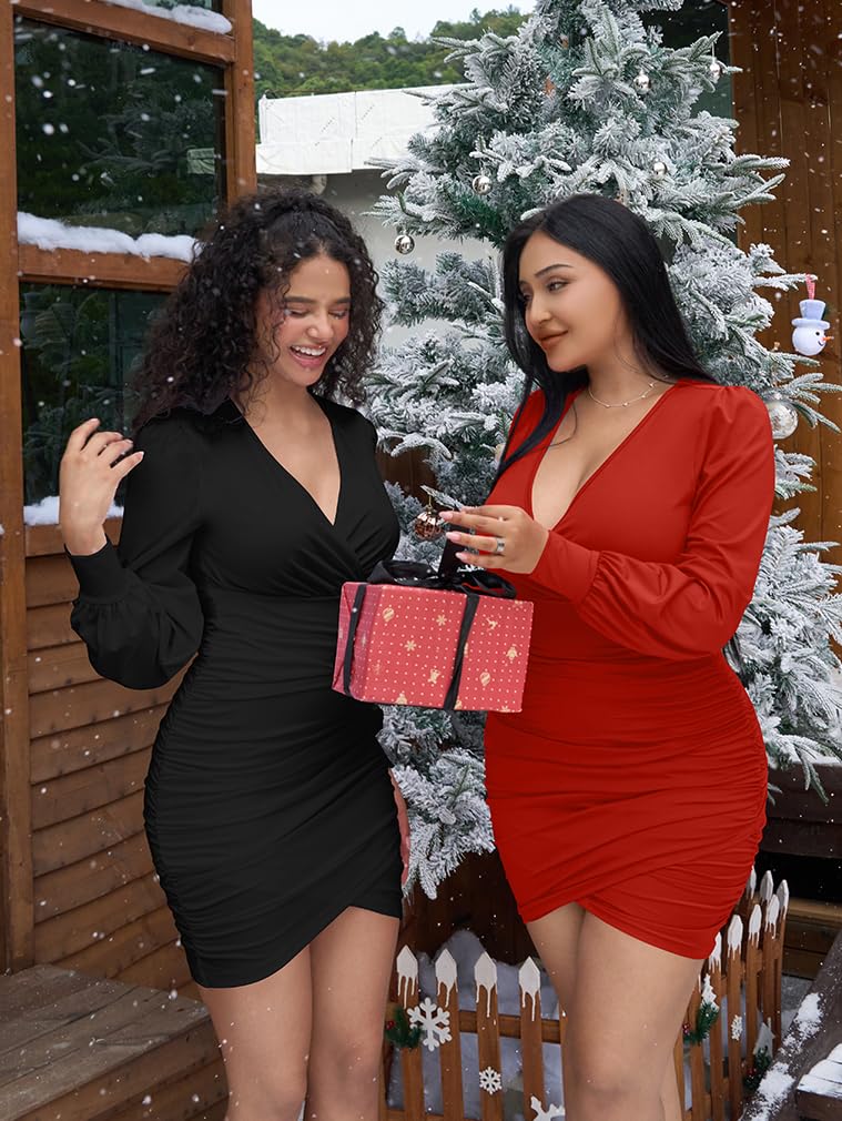 Sexy Bodycon Long Sleeve Deep V Neck Ruched Mini Dress for Women - Perfect for Cocktail Parties, Nightclubs & Date Nights