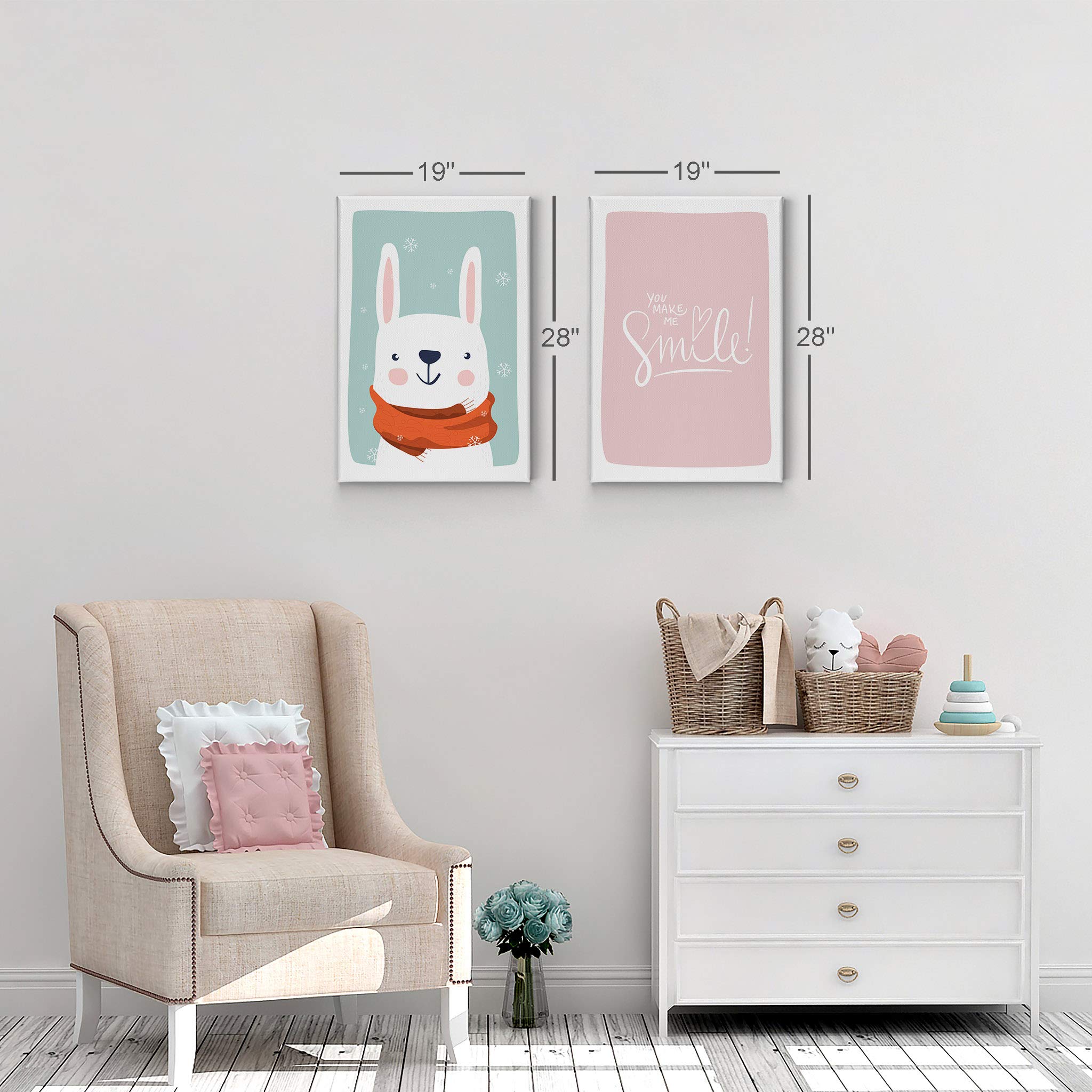 Cute Rabbit & Inspirational Quote Winter Theme Canvas Art Set - Turquoise & Pink Background - 2-Piece Wall Decor for Kids Room, Nursery, Baby Boy & Girl Bedroom - Ready to Hang - Made in USA (28x19 inches each) - Perfect for Children's Room Decor, Birthday Gifts & Nursery Wall Art