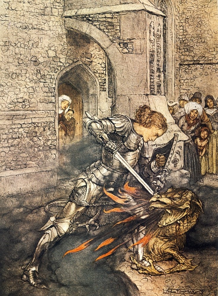 Vintage 1917 King Arthur Romance Poster - Sir Lancelot & Dragon Art Print by A. Rackham (24x36 inches) - Perfect for Medieval Decor, Fantasy Room & Arthurian Legend Collectors