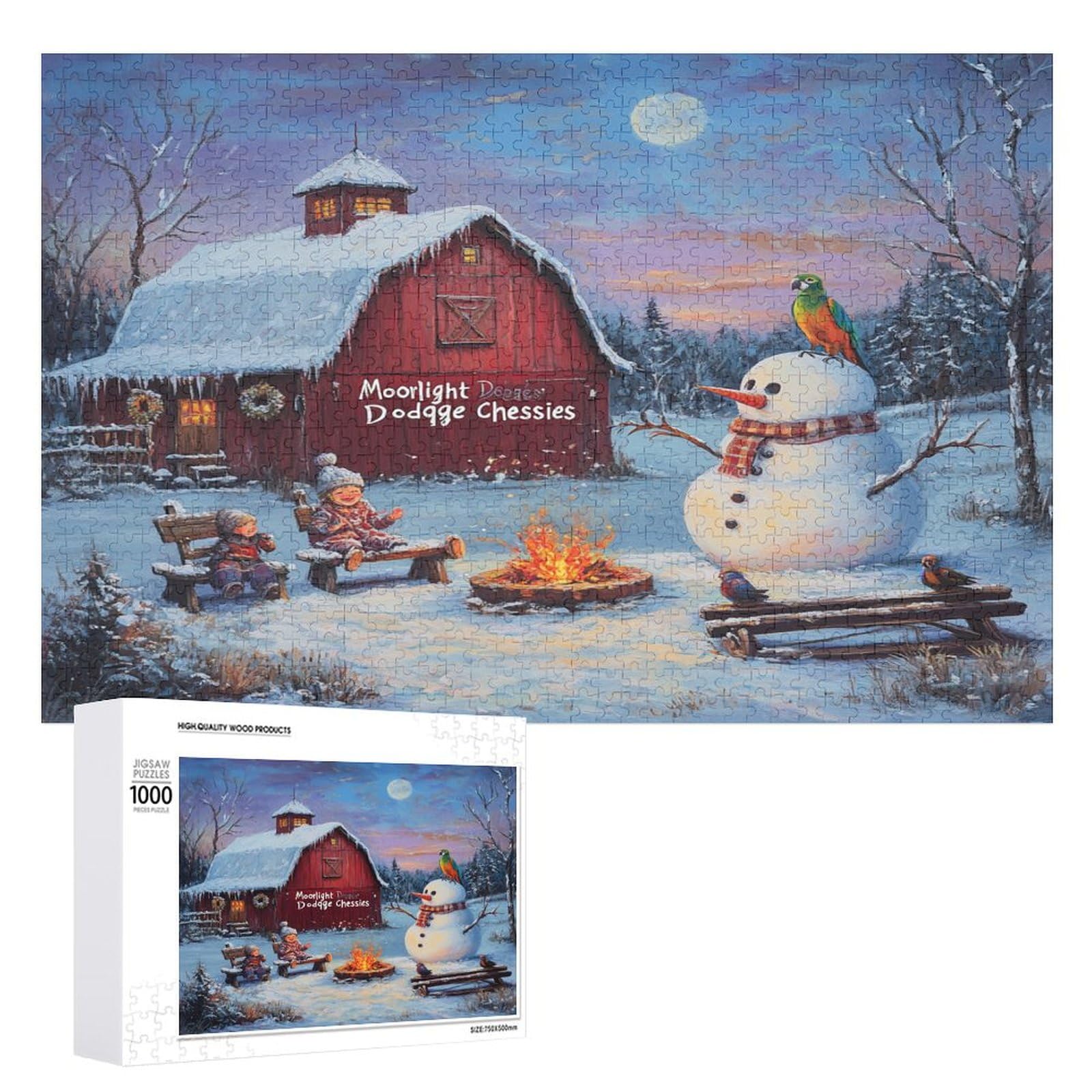 1000 Piece Adult Jigsaw Puzzle - Whimsical Winter Scene with Old Red Barn & Snowman Family | Christmas Holiday Wooden Puzzle for Family Games & Activities | Perfect for Winter Evenings, Gift Giving & Relaxation