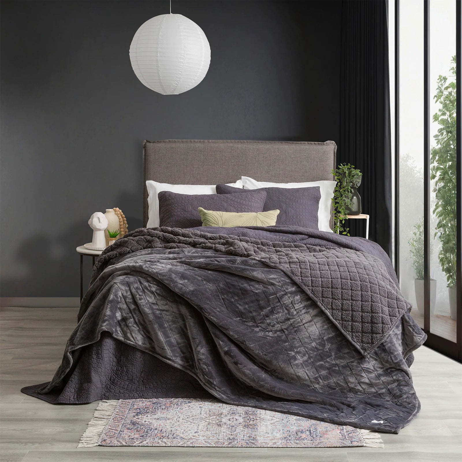 Renee Taylor Heston Sherpa Ultra Soft Velvet Blanket - Graphite Color | Cozy Winter Throw for Bed, Couch & Travel | Warm Fleece Blanket for Home, Office & Gifts