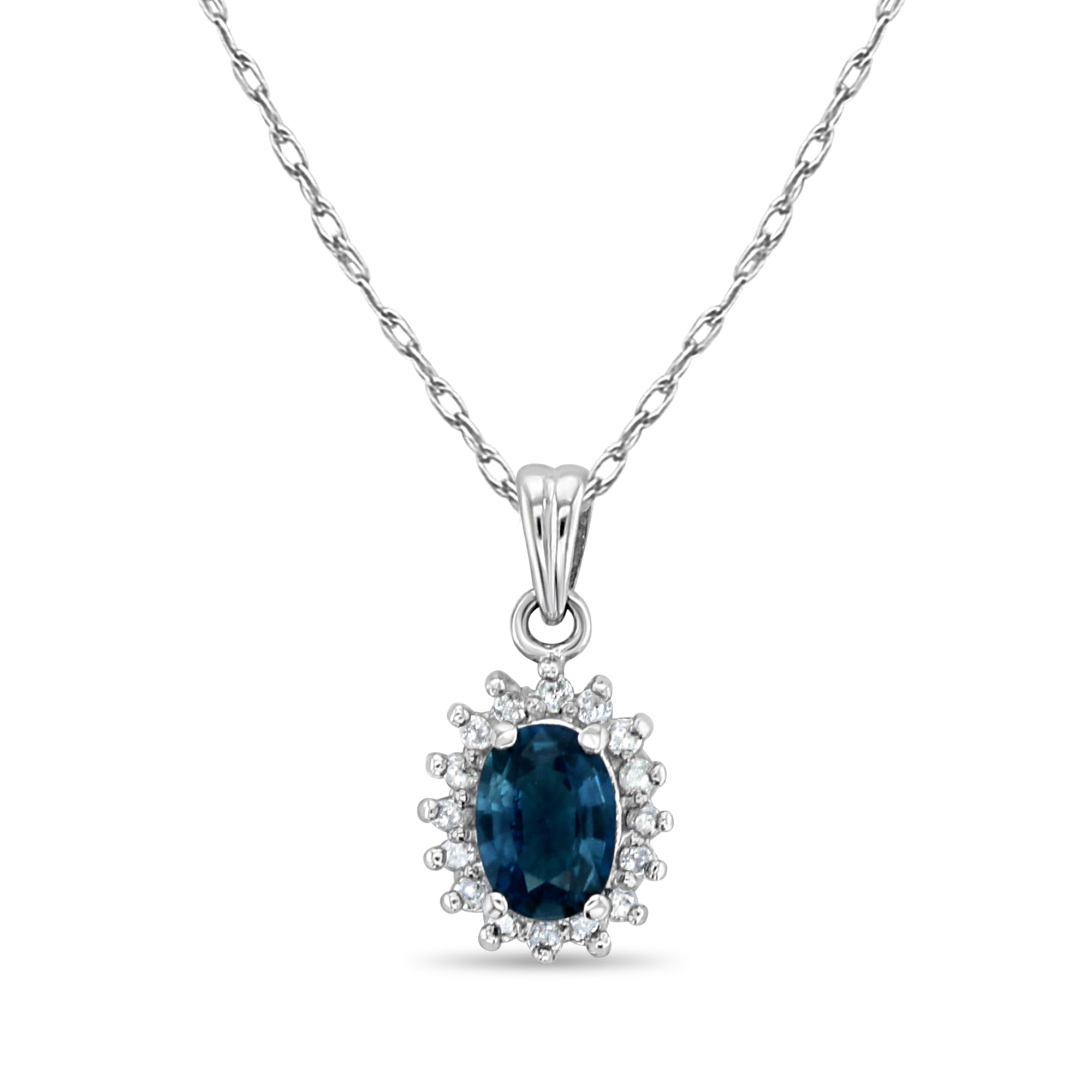 14k White Gold Oval Sapphire Diamond Halo Necklace | Elegant Jewelry for Weddings, Anniversaries & Special Occasions