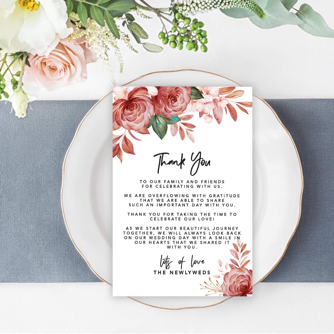 Boho Floral Wedding Thank You Cards - 56-Pack 4x6 Inch Place Setting Cards for Table Reception, Dinner Plates & Wedding Favors - Perfect for Guests, Family & Friends - Elegant Seating Decor for Weddings, Bridal Showers & Special Events