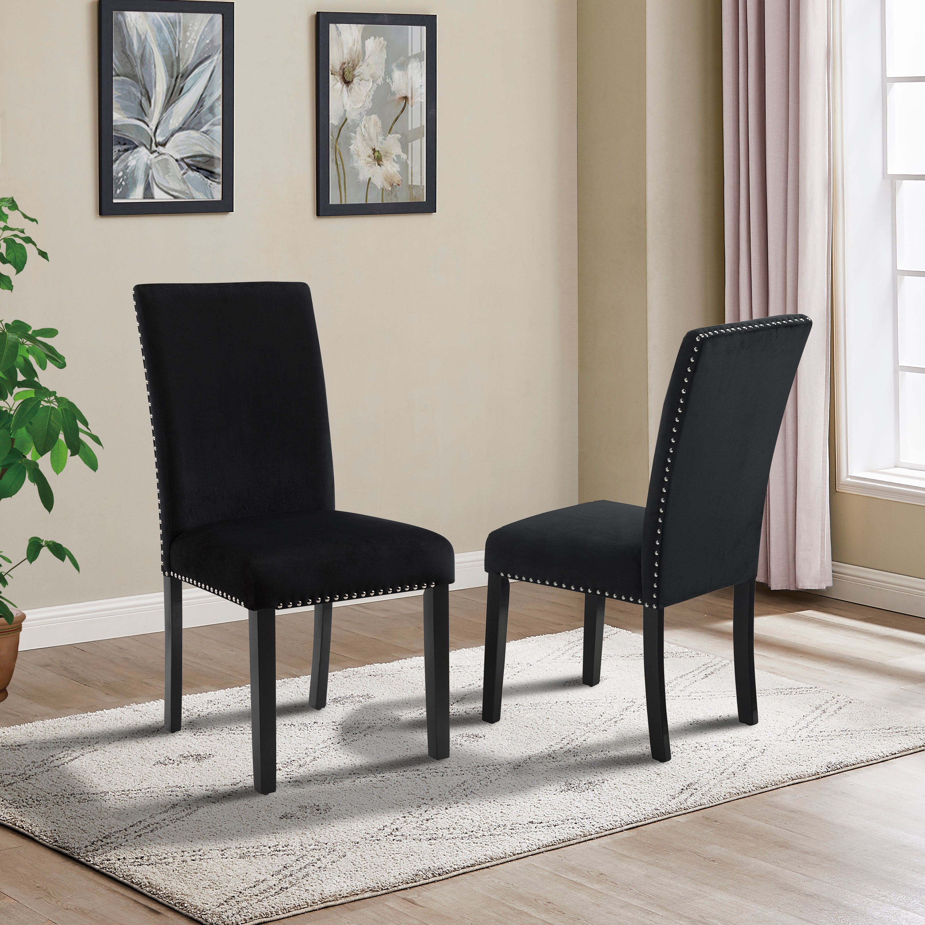 Roundhill Furniture Cobre Contemporary Velvet Dining Chairs with Nailhead Trim - Set of 2 Black Upholstered Chairs for Modern Dining Room, Kitchen, or Office Decor