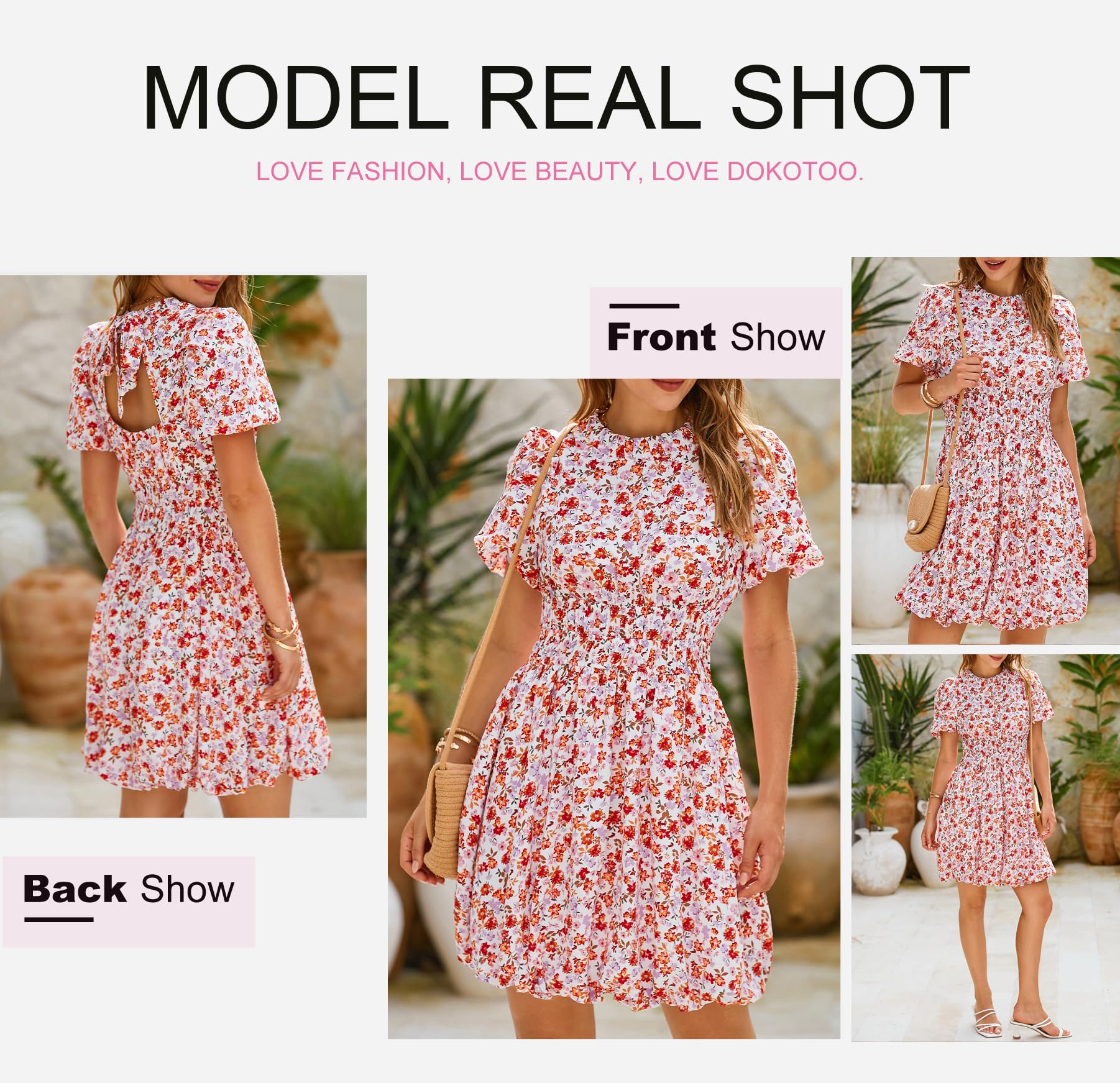 Dokotoo Women's Boho Floral Mini Dress - Crewneck, Puff Sleeve, Tie Back, Smocked Empire Waist - Perfect for Beach Vacations, Summer Outings & Boho Chic Style