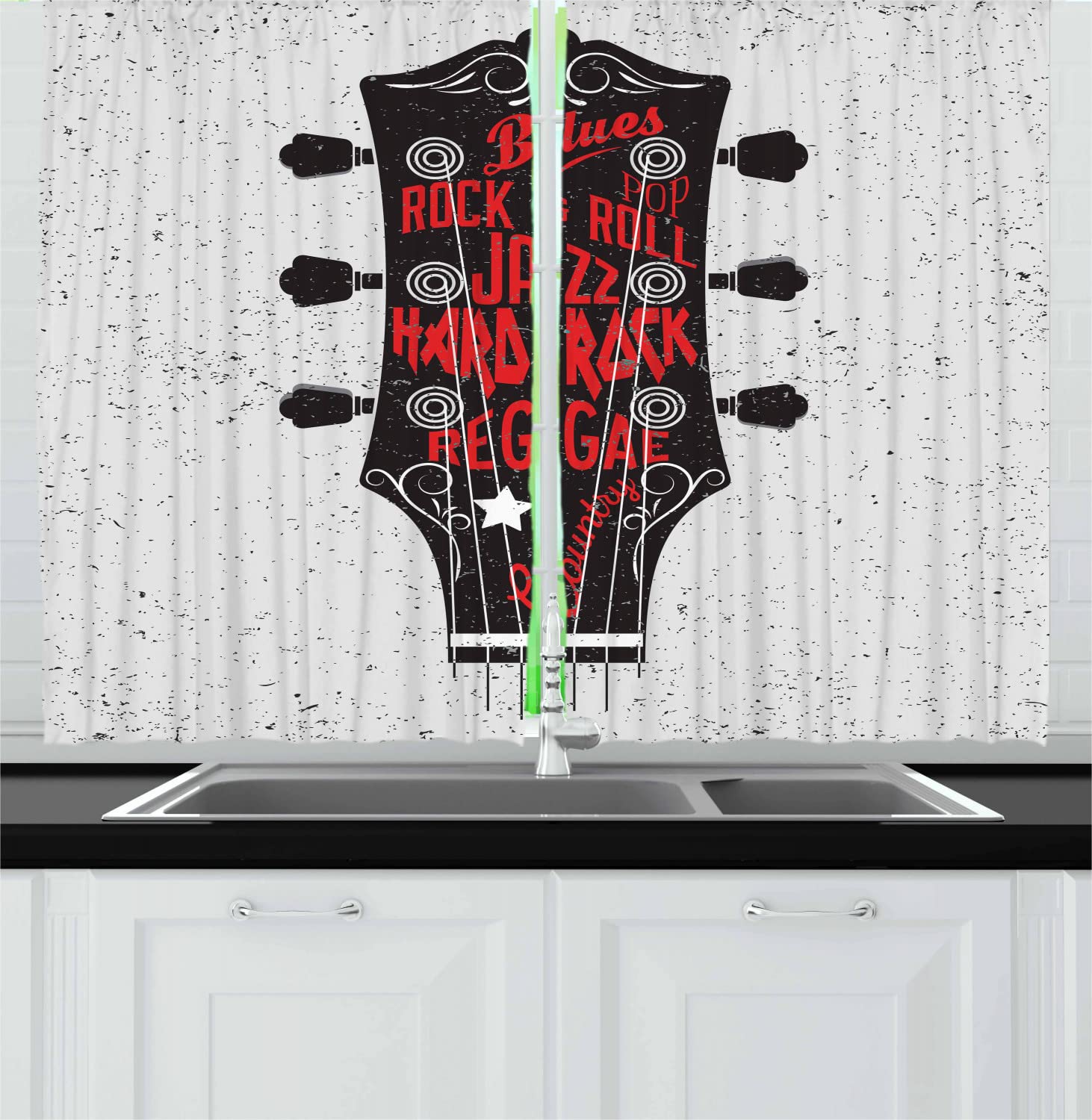 Ambesonne Guitar Themed Kitchen Curtains - Hand Drawn Blues Pop Hard Rock Reggae Country Music Design - 2 Panel Rod Pocket Drapes 55