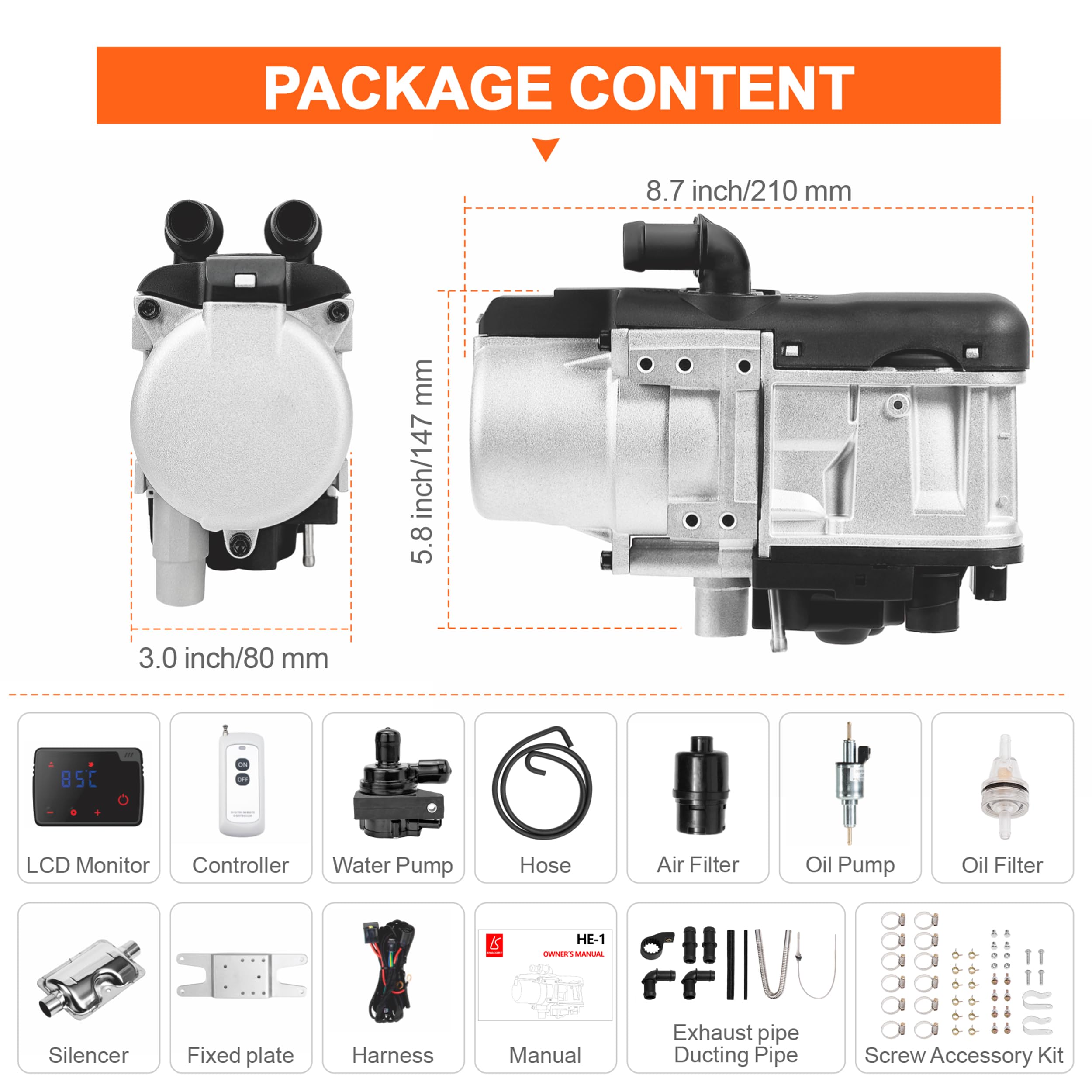 12V 5KW Diesel Engine Coolant Heater - Silver Circulation Heater for Cars, Trucks & RVs | Winter Engine Preheating & Cold Weather Protection | HE-1 Model