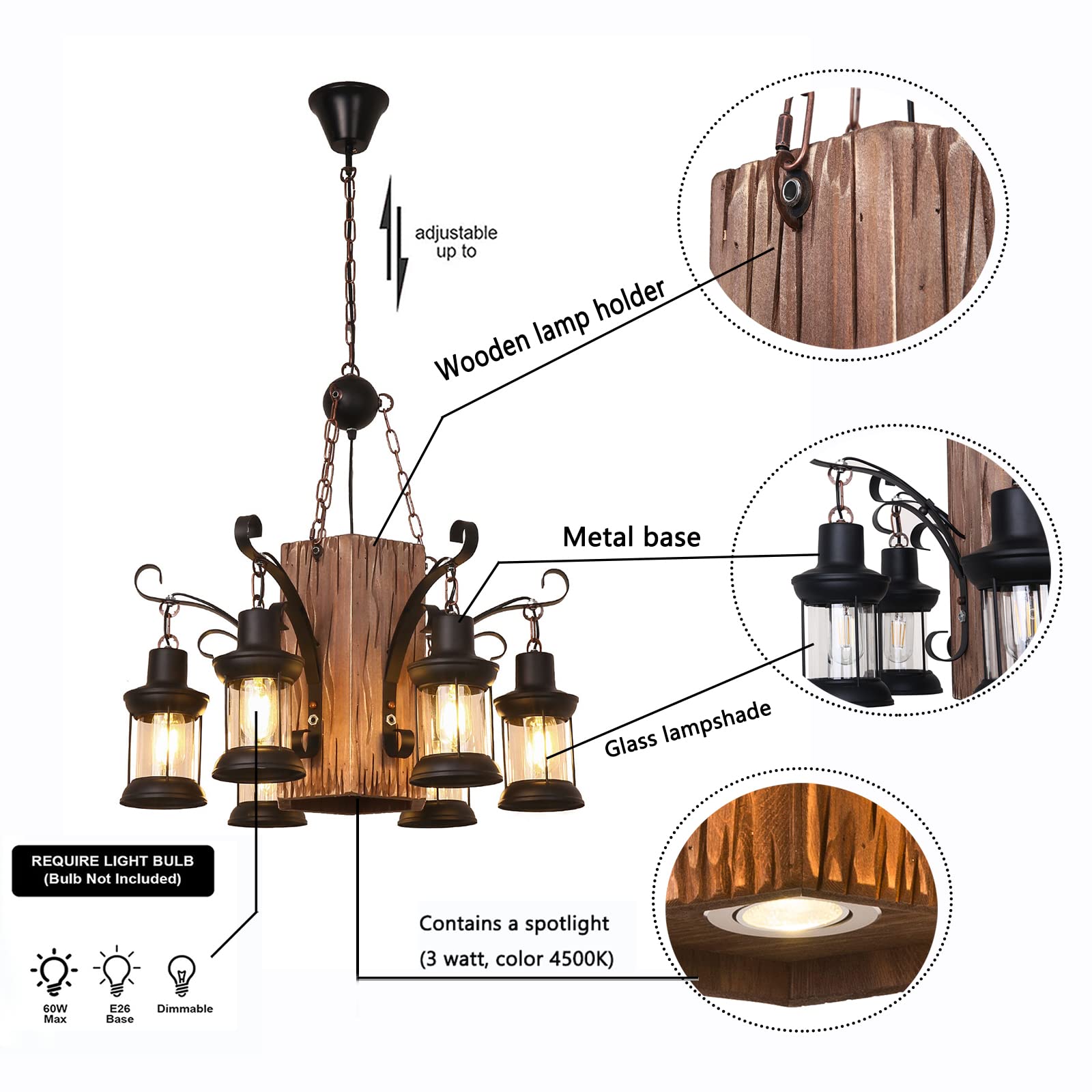 TFCFL 6-Lights Industrial Rustic Wooden Chandelier - Farmhouse Metal Pendant Light with E26 Base - 23