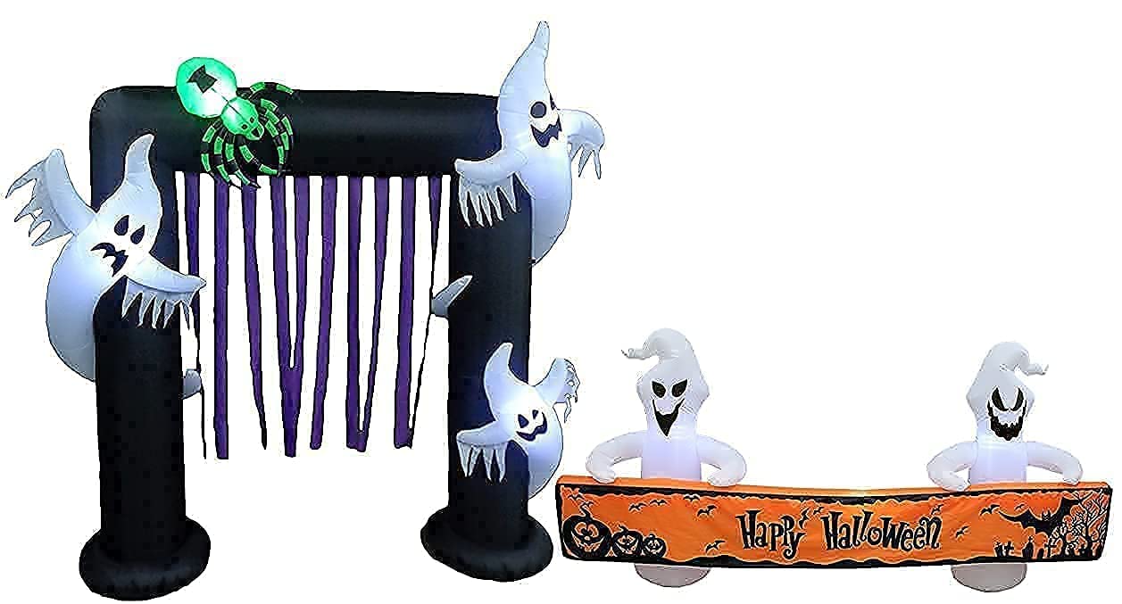 8FT Tall Inflatable Halloween Ghost Spider Archway & 8FT Long White Ghost with Orange Banner - LED Lighted Halloween Party Decorations Bundle for Outdoor Yard, Haunted House, and Spooky Decor