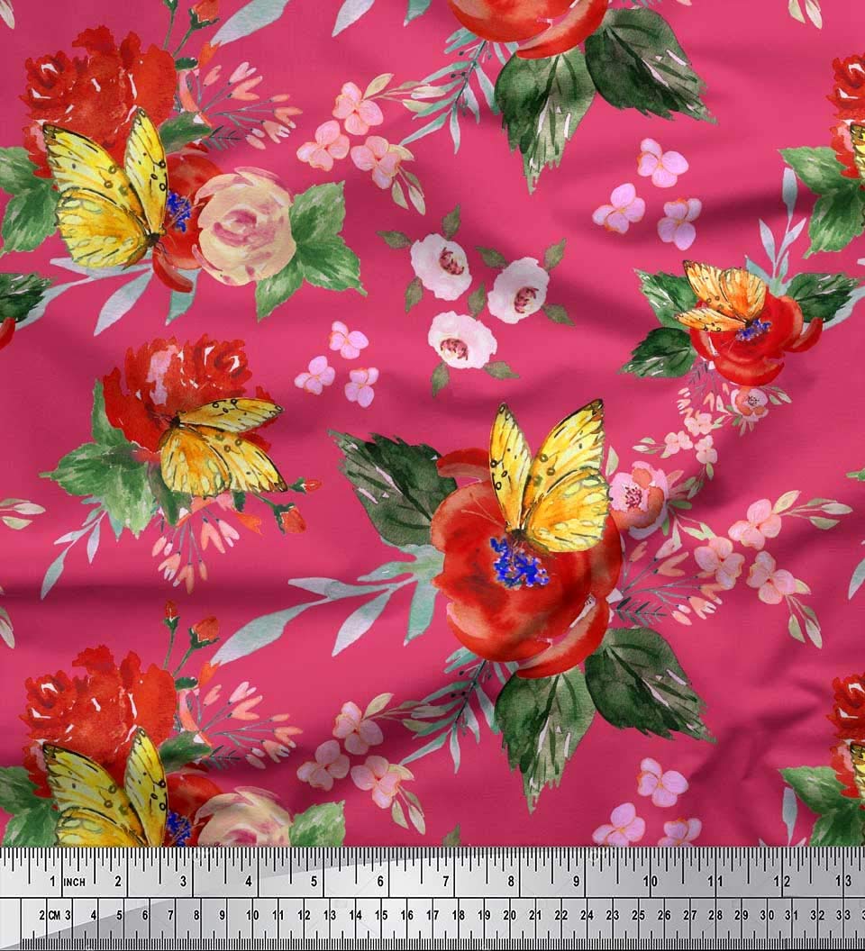 Soimoi Rayon Fabric - Leaves, Butterfly & Poppy Watercolor Print - 56 Inch Wide Decor Fabric by The Yard - Perfect for Dresses, Curtains & DIY Home Decor Projects