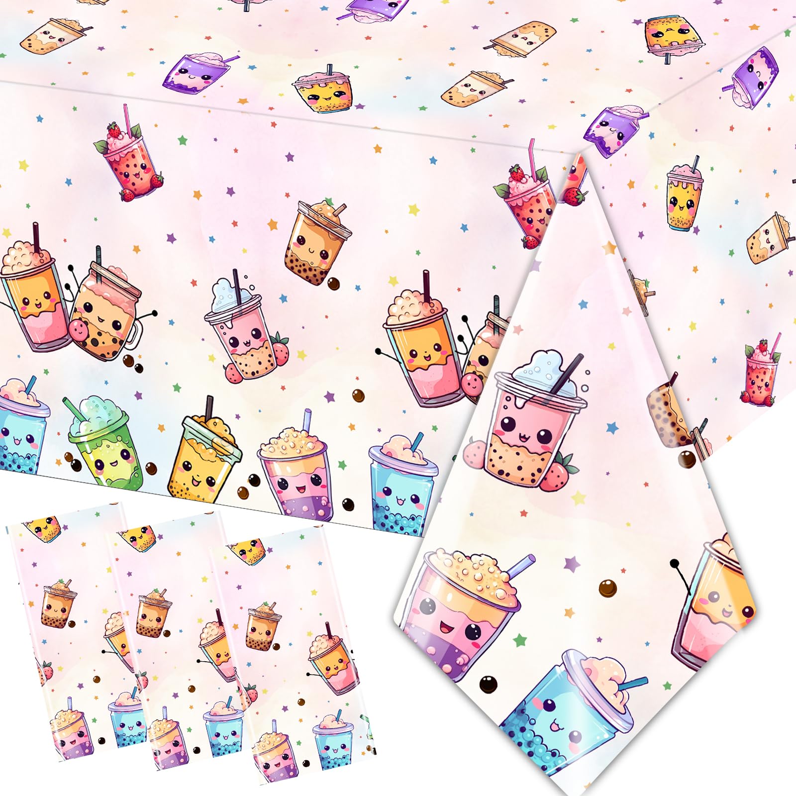 3pcs Waterproof Bubble Tea Tablecloths - Boba Tea Party Decorations, Birthday Table Covers for Kawaii Themed Events & Asian Dessert Celebrations