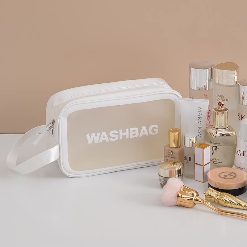 Waterproof PVC Travel Toiletries Bag - Clear Cosmetic Makeup Organizer Pouch for Women | Portable Shower Wash Bag for Bathroom, Gym & Vacation (White)