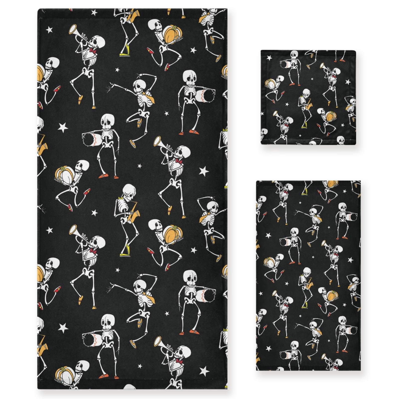 Halloween Skeleton Dance Printed Bath Towel Set - 3 Piece Soft Absorbent Towels (Bath, Hand & Face) for Spa, Bathroom, Hotel, Kitchen, Beach & Gym - Perfect for Halloween Decor & Themed Parties