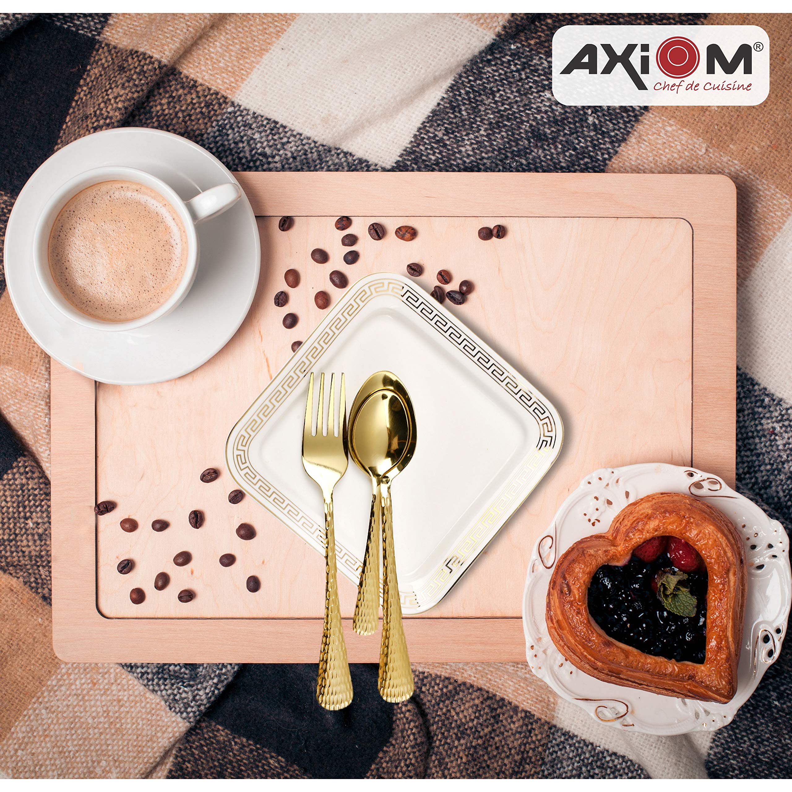 AXIOM 24-Piece Stainless Steel Gold Flatware Set - 8 Dessert Spoons, 8 Dessert Forks, 8 Teaspoons - Elegant Cutlery for Fine Dining, Wedding Parties & Luxury Home Entertaining