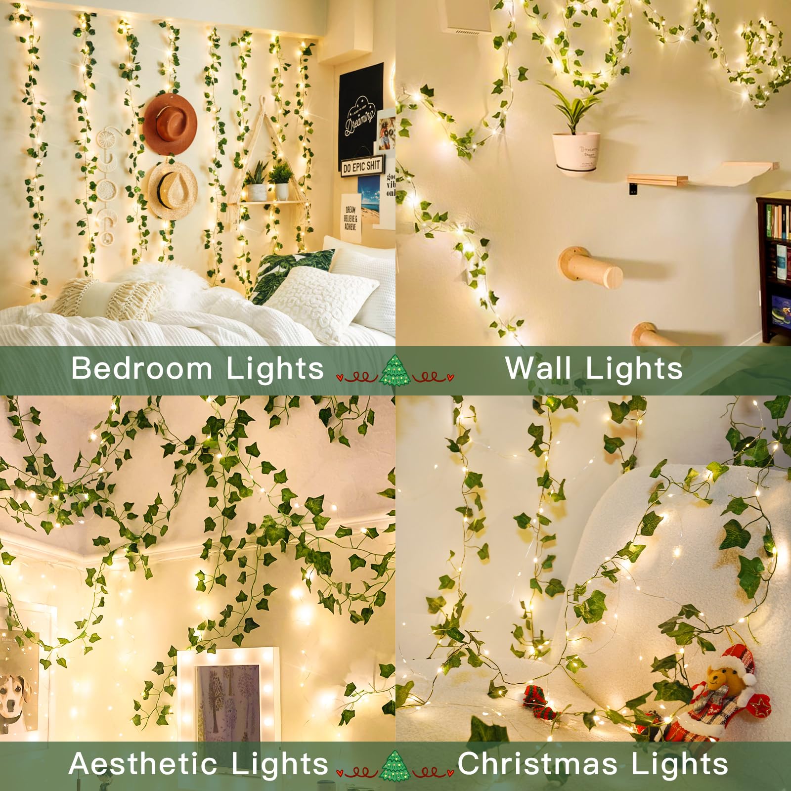 33ft 100 LED Battery Operated Ivy Vine String Lights with Remote - Warm White Fairy Lights for Bedroom, Wall, Garden, Wedding & Party Decor | Perfect for Indoor/Outdoor Romantic Ambiance, Holiday Lighting and Special Events