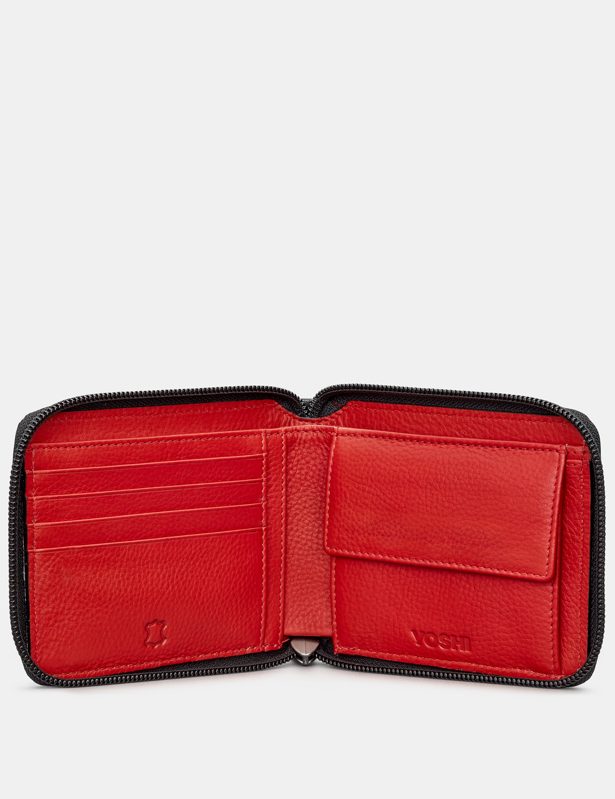 Premium Black & Red Leather Zip Around Wallet for Men & Women - Stylish & Secure RFID Blocking Bifold Wallet for Travel, Business & Everyday Use