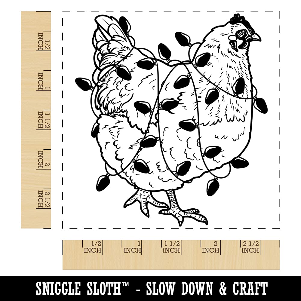 Christmas Hen Decorated with Lights - Large 2.75in Holiday Chicken Square Rubber Stamp for DIY Crafting, Card Making, Scrapbooking & Gift Wrapping | Festive Holiday Decor & Party Supplies