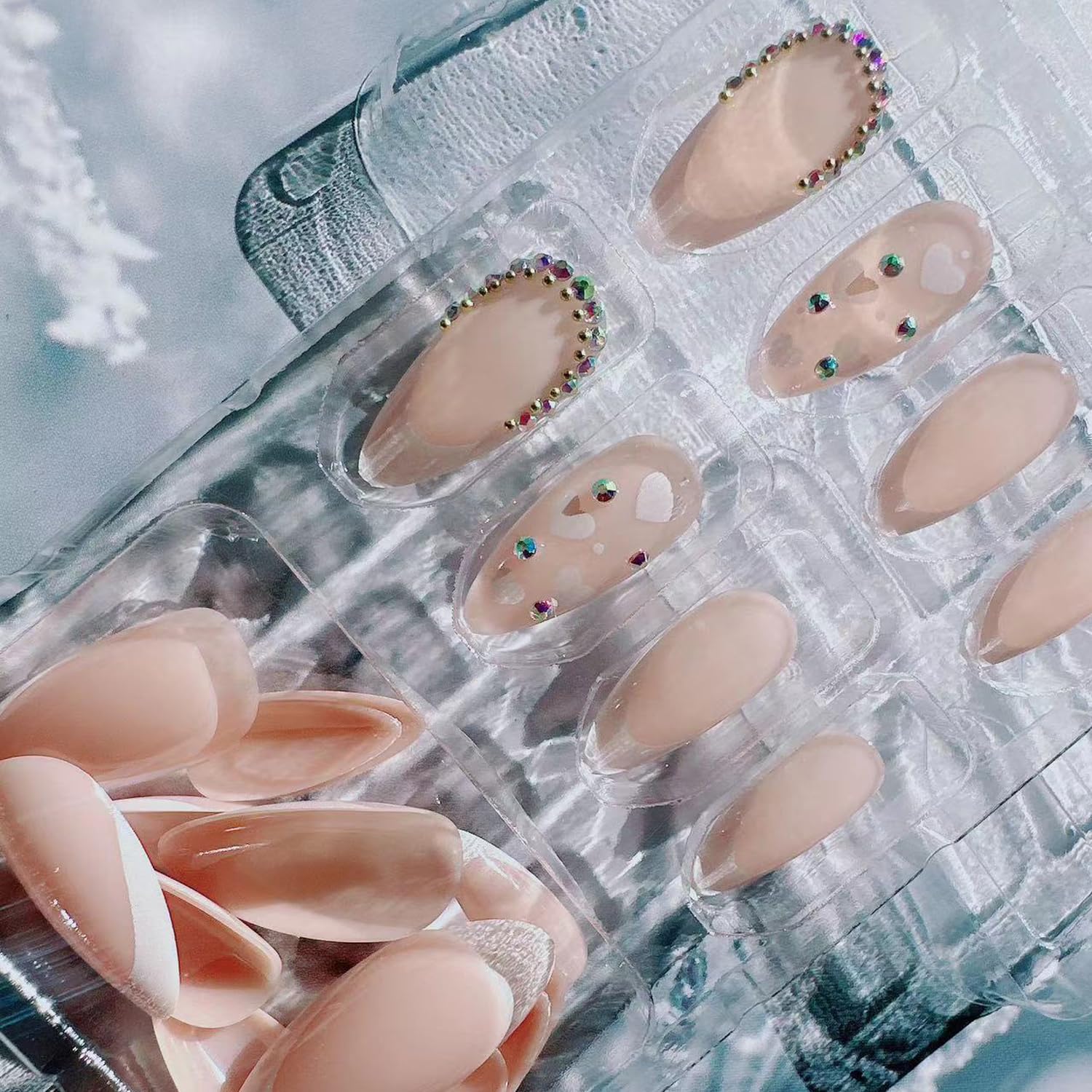 24Pcs Valentine's Day Press on Nails - White French Love Design Glossy Almond Glitter Heart Fake Nails | Full Cover Stick on Acrylic Nails with Sparkly Manicure Art | Perfect for Date Night, Bridal Shower & Romantic Occasions