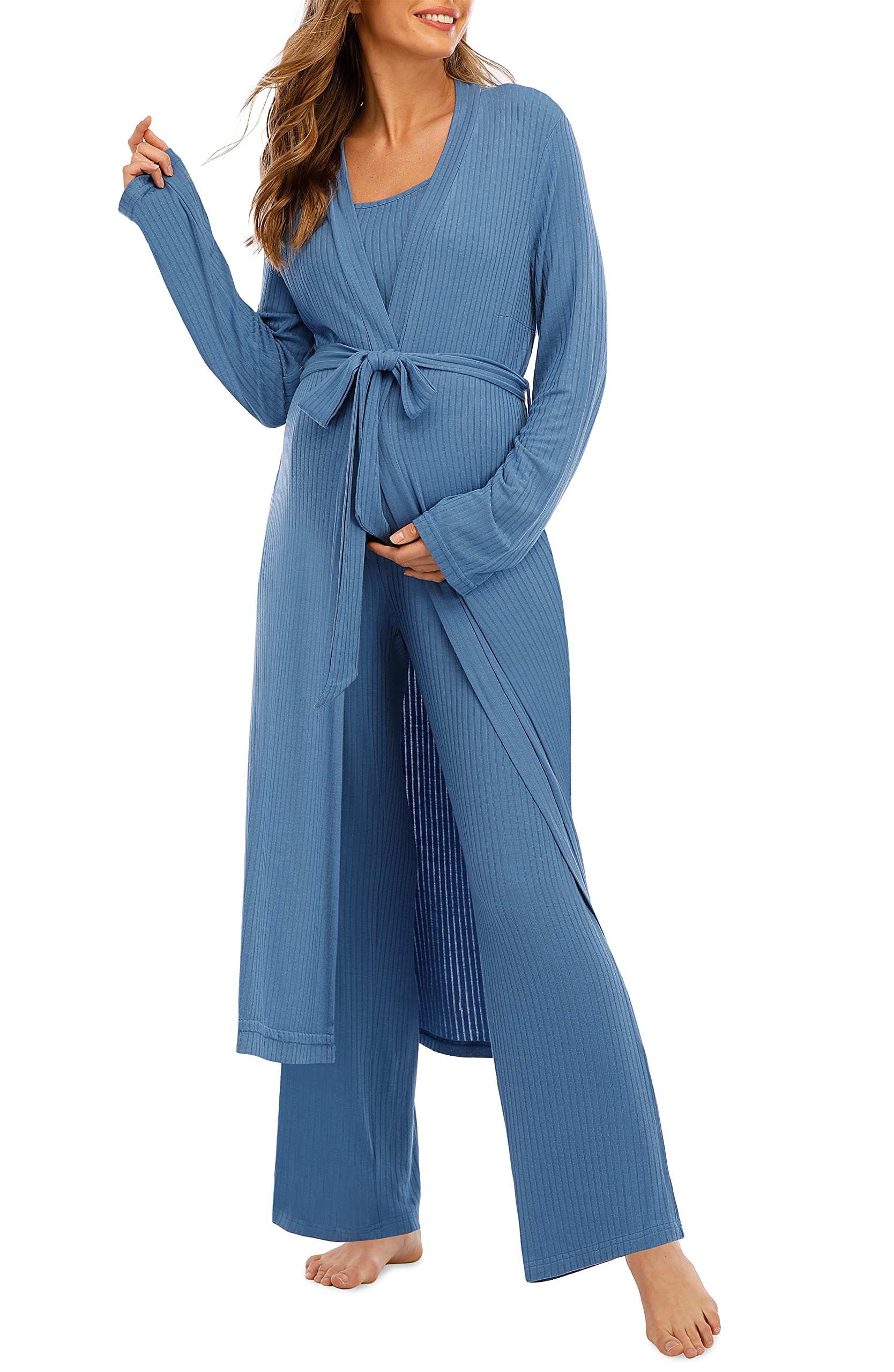 3 Piece Maternity Pajamas Set for Women - Soft & Comfortable Nursing Sleepwear with Cardigan Loungewear in Sky Blue | Perfect for Pregnancy, Breastfeeding & Relaxing at Home