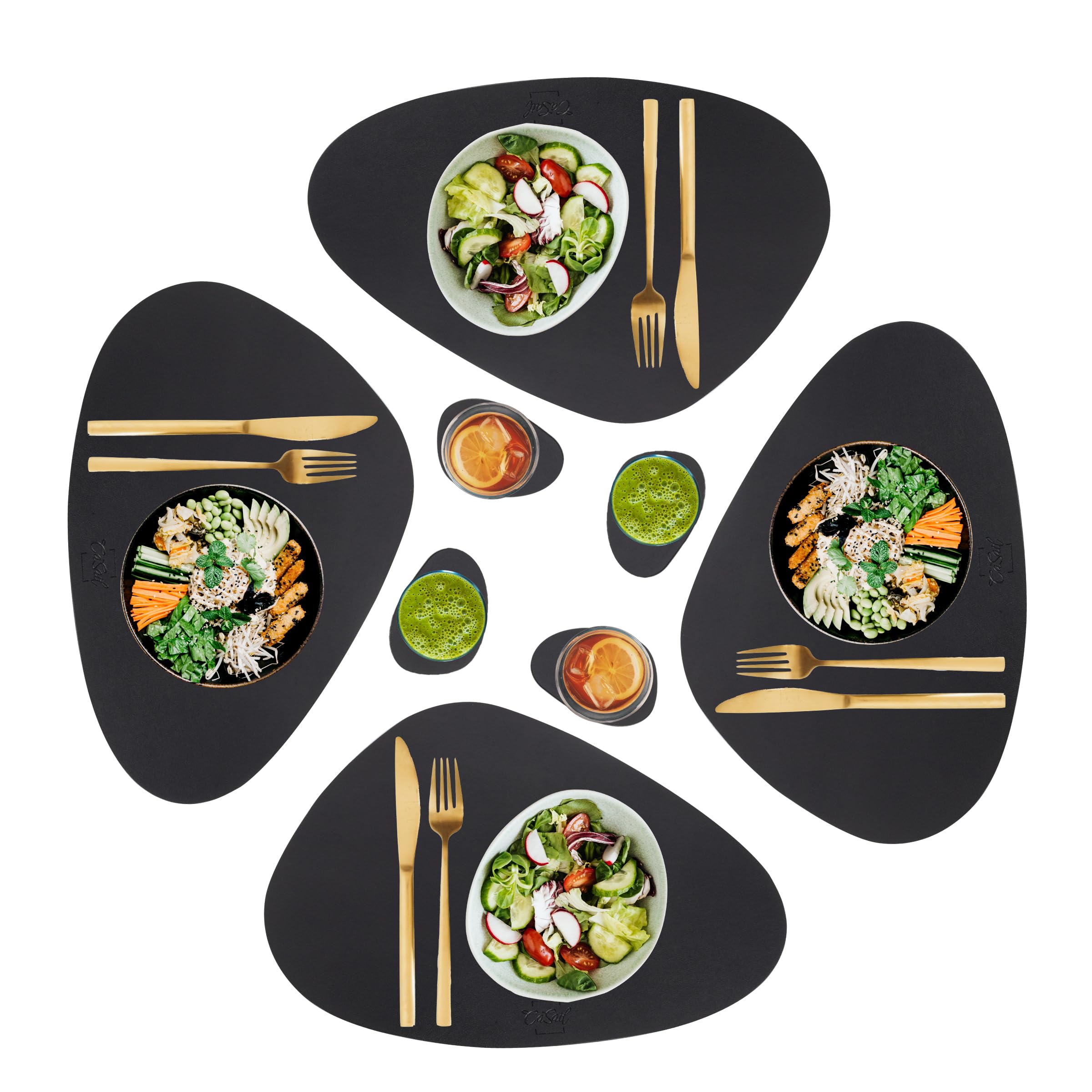 Premium Faux Leather Placemats and Coasters Set - 4 Round Modern Black Table Mats for Dining, Heat Resistant & Waterproof - Non-Slip for Indoor Outdoor Use - Easy Wipe Clean Care - Perfect for Dinner Parties, BBQs, and Daily Dining Protection