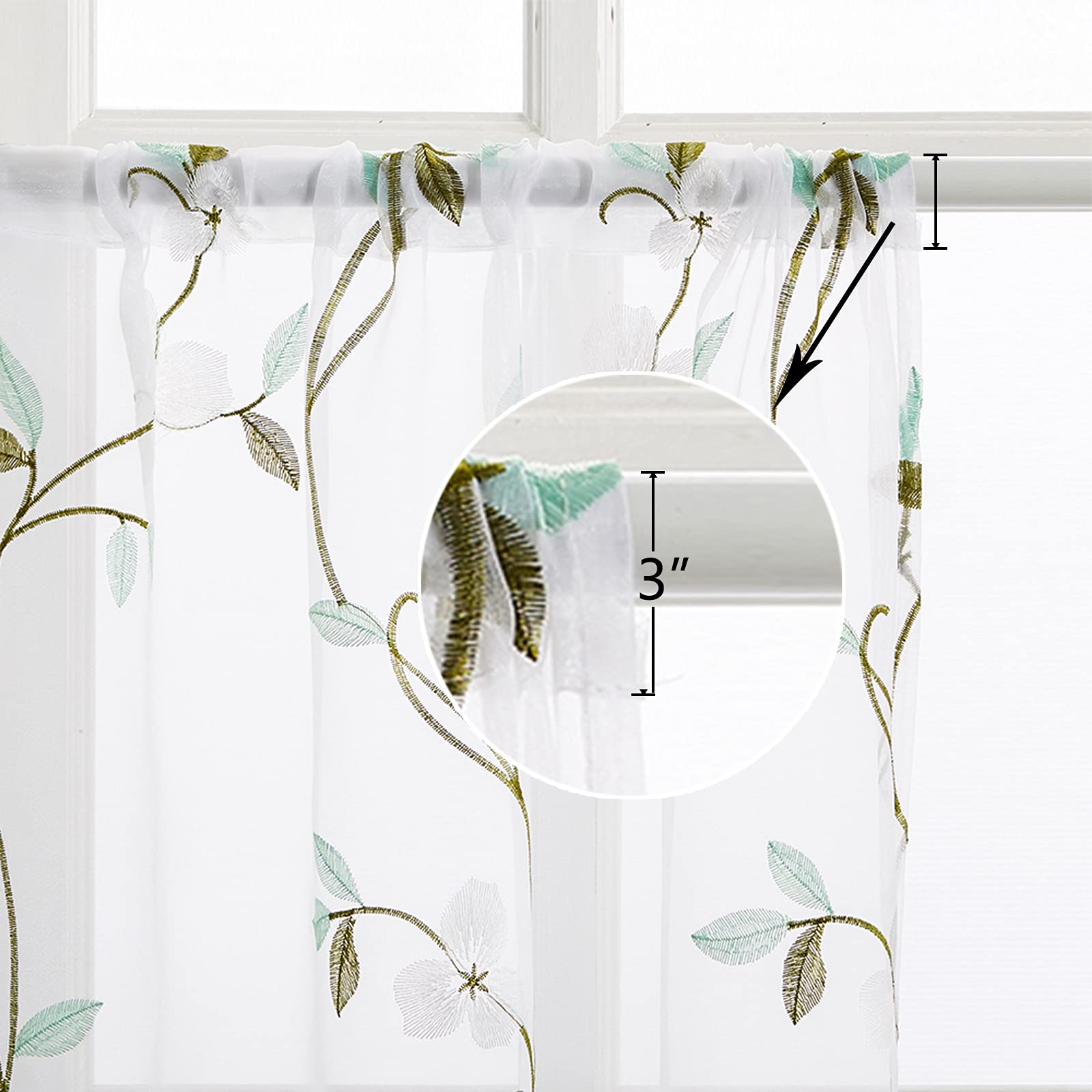 MRTREES Voile Sheer Tier Curtains - Floral Embroidered Kitchen Cafe Curtains with Rod Pocket, 30x24 Inches (2 Panels, White) - Perfect for Bathroom, Bedroom & Small Half Window Treatments