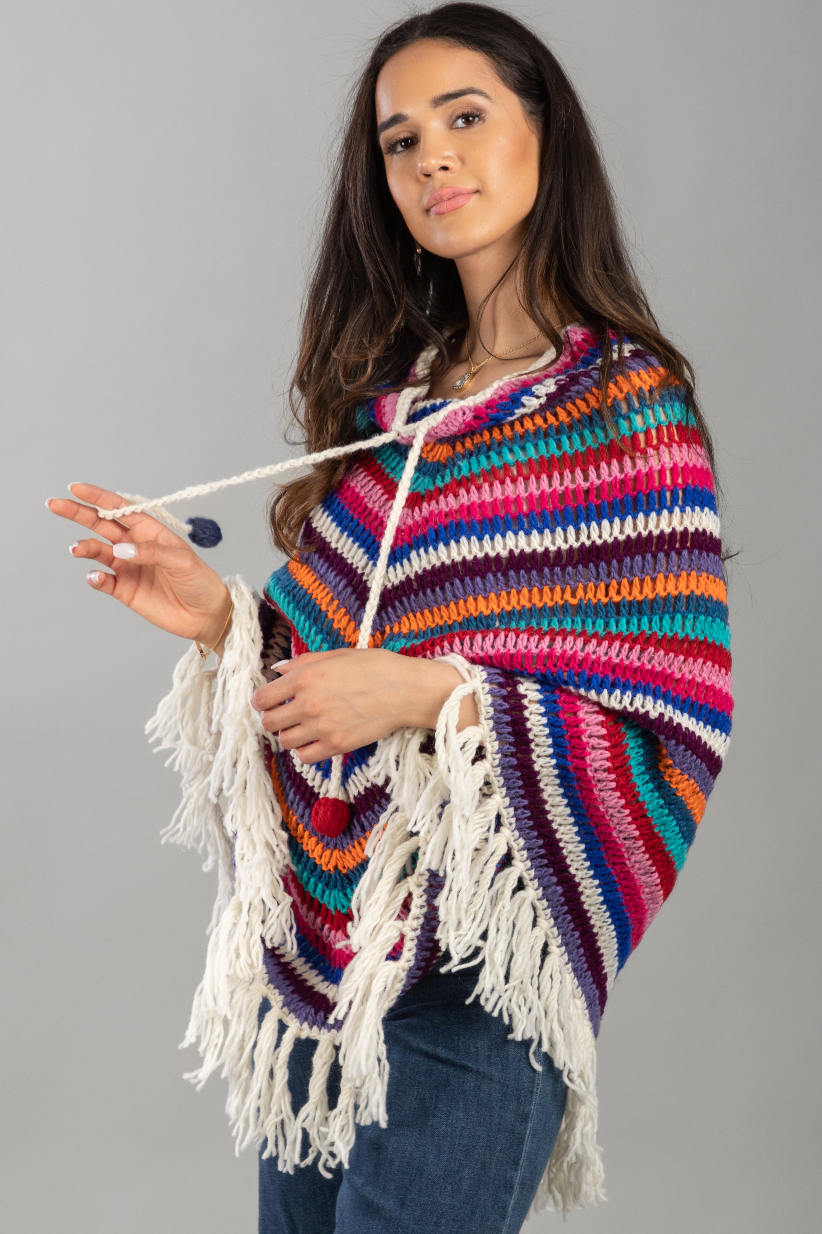 Stylish Open Weave Crochet Rainbow Poncho - Lightweight Boho Cover Up for Women - Perfect for Beach, Music Festivals & Summer Outfits