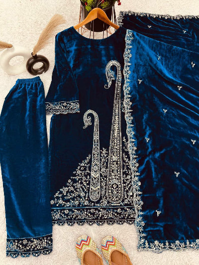 Elegant Peacock Blue Velvet Embroidered Salwar Suit Set for Women | Indian Ethnic Party Wear | Perfect for Weddings, Festivals & Special Occasions